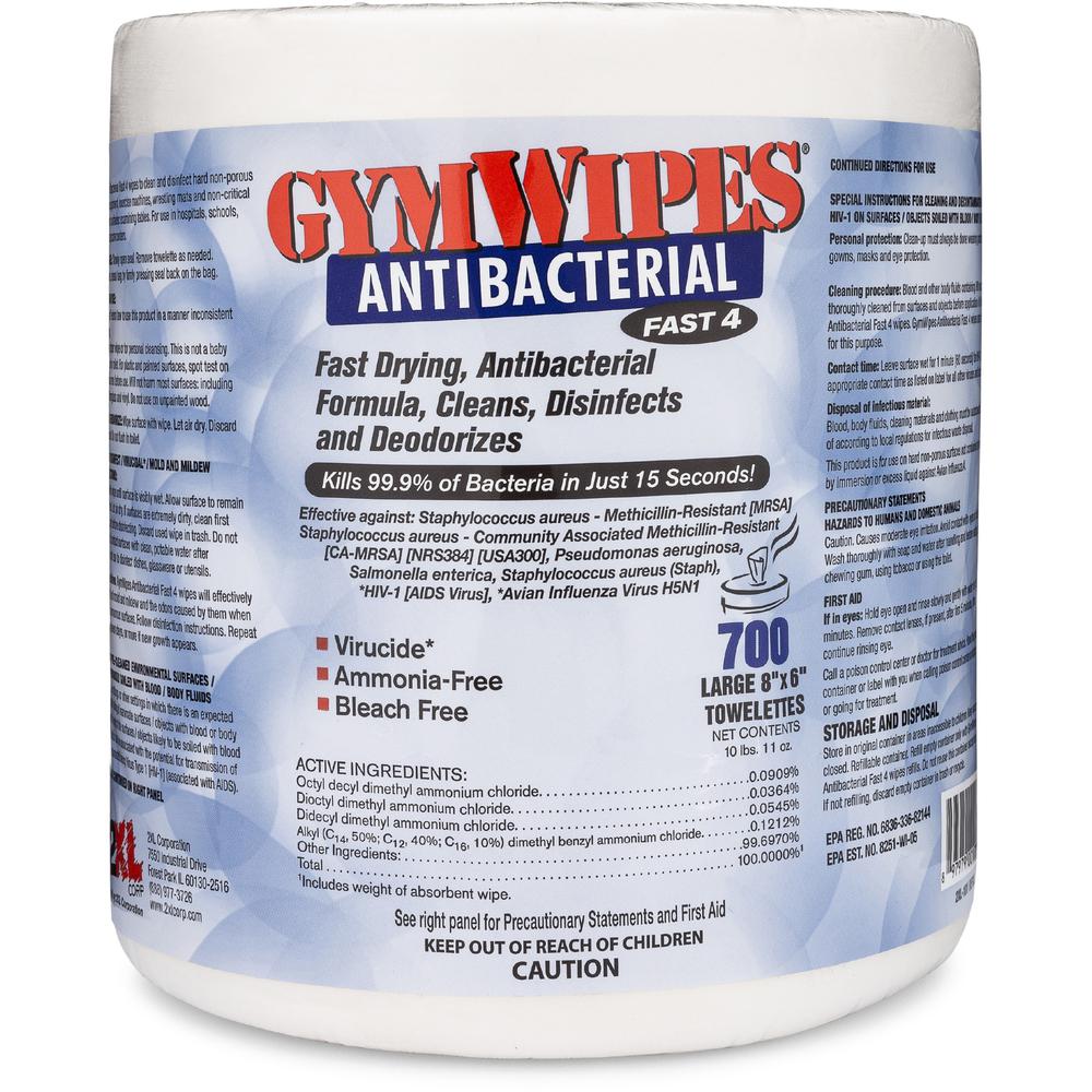 2XL GymWipes Antibacterial Towelettes Bucket Refill - 6" x 8" - White - Alcohol-free, Bleach-free, Disposable, Absorbent, Anti-b