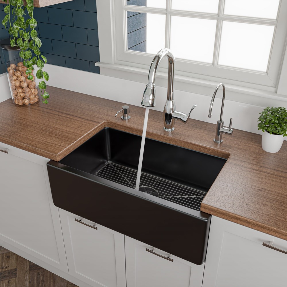 ALFI brand AB3018HS-BG 30" Black Gloss Reversible Smooth / Fluted Single Bowl Fireclay Farm Sink