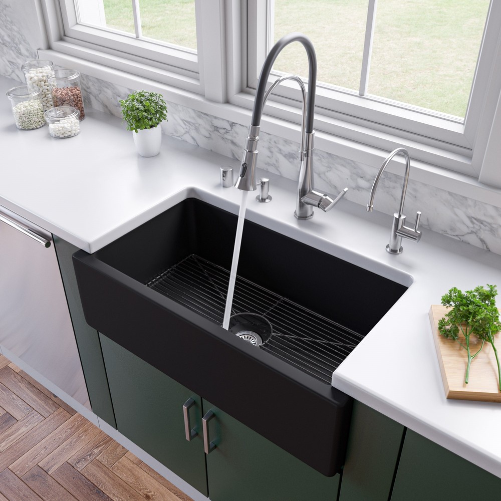 ALFI brand AB3318HS-BM 33" Black Matte Reversible Smooth / Fluted Single Bowl Fireclay Farm Sink