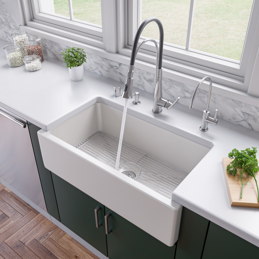 ALFI brand AB3318HS-W White 33" x 18" Reversible Fluted / Smooth Single Bowl Fireclay Farm Sink