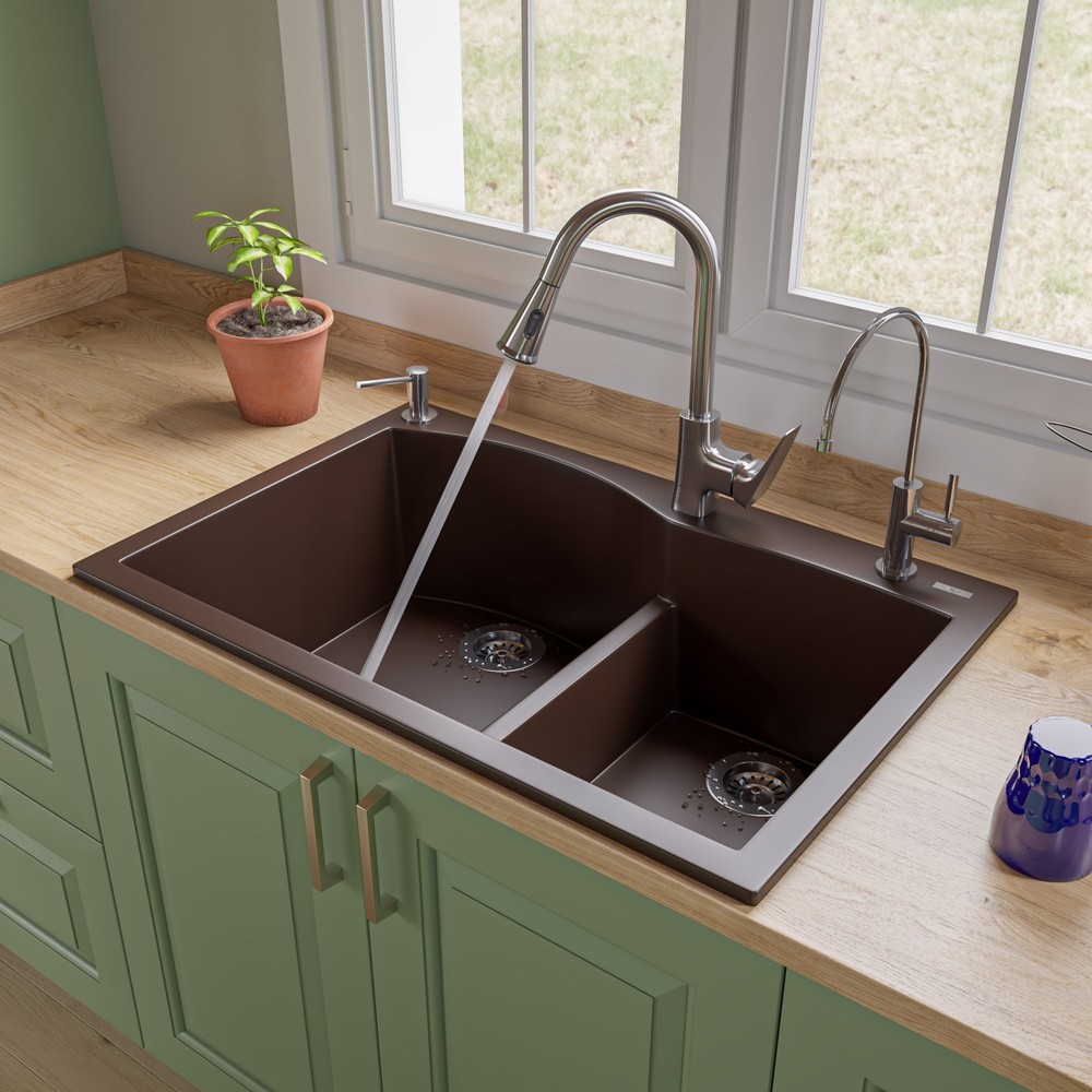 ALFI brand AB3320DI-C Chocolate 33" Double Bowl Drop In Granite Composite Kitchen Sink