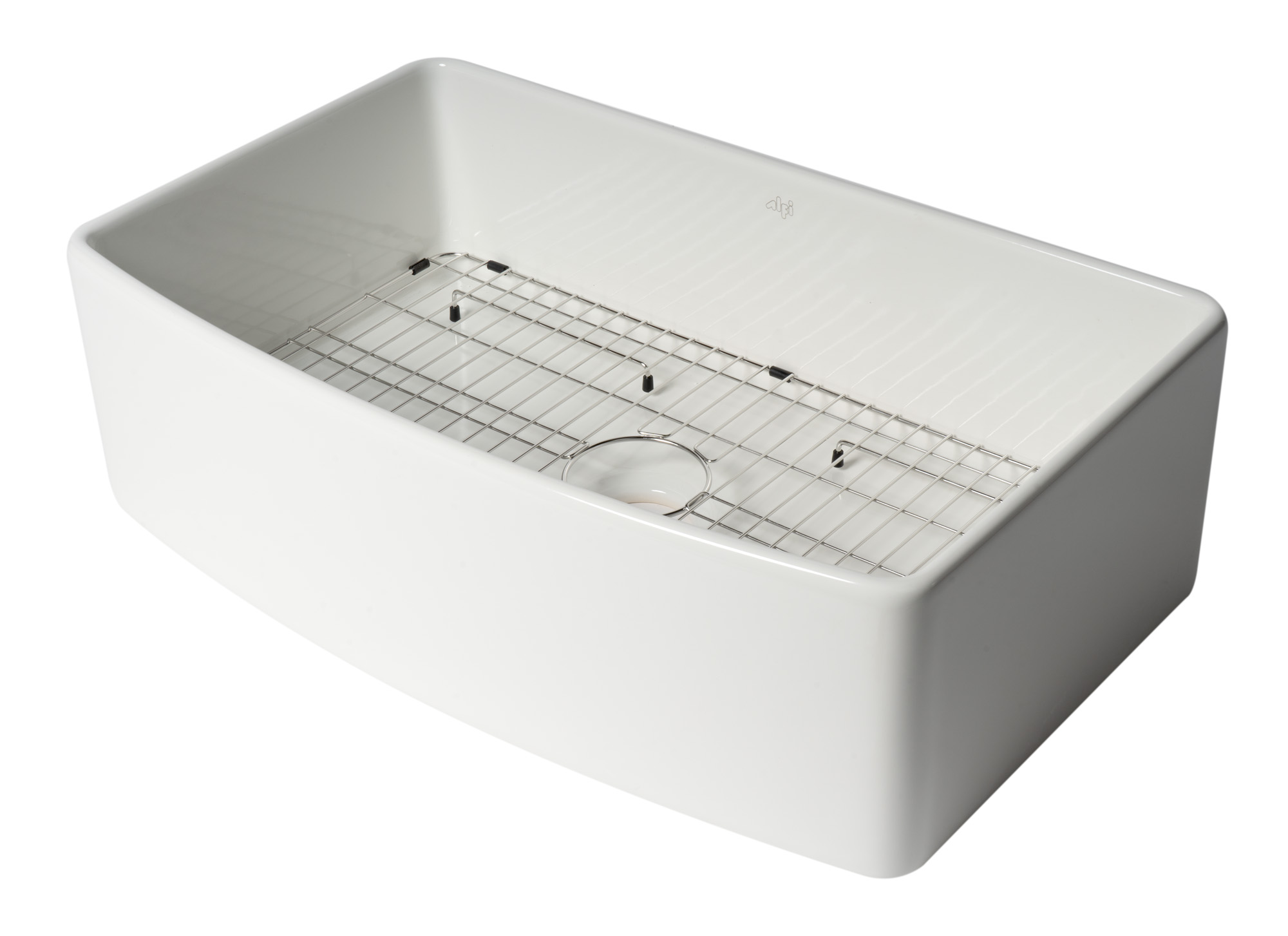 ALFI Brand ABFC3320S-W White Smooth Curved Apron 33" x 20" Single Bowl Fireclay Farm Sink with Grid