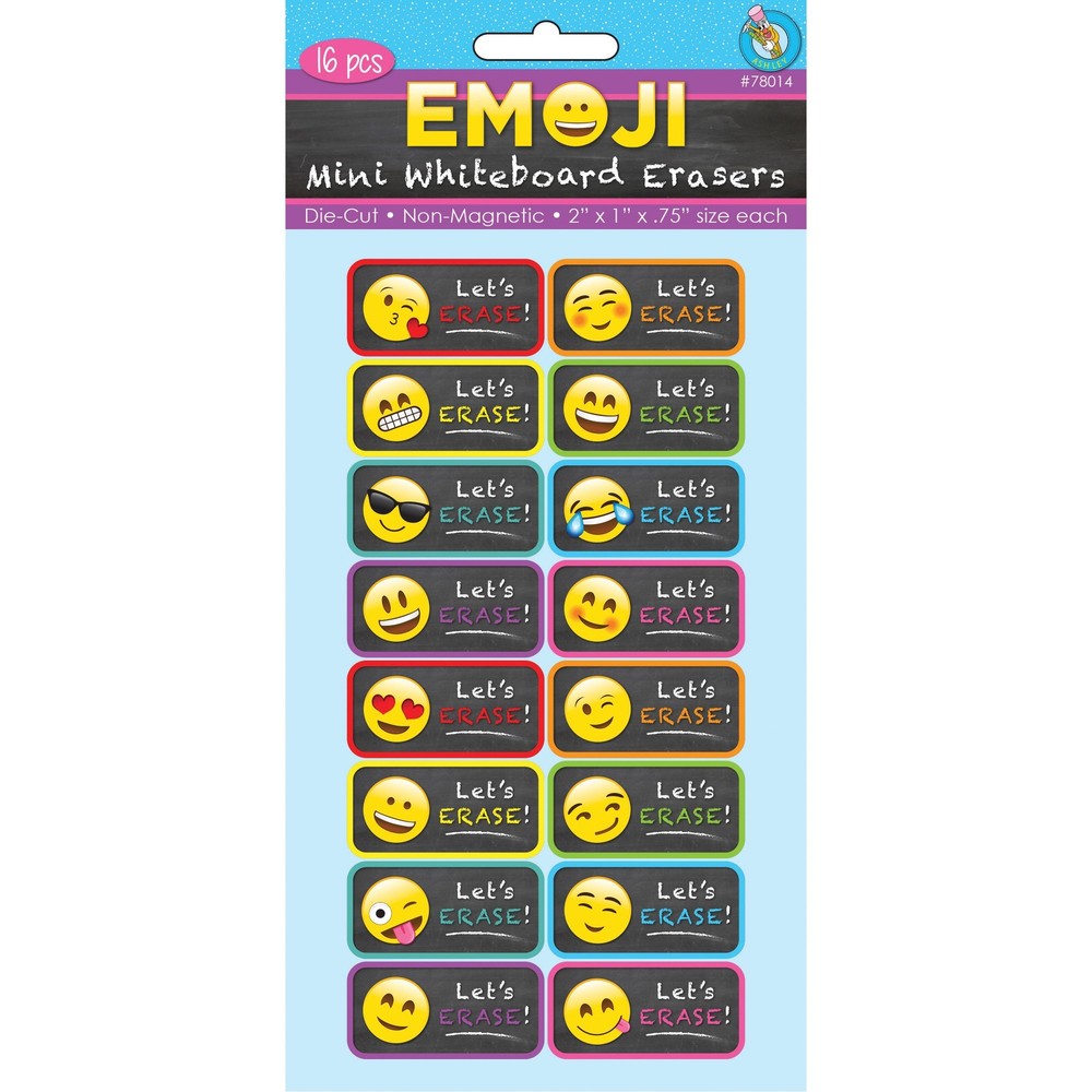 Non-Magnetic Mini Whiteboard Erasers, Emojis, Pack of 16