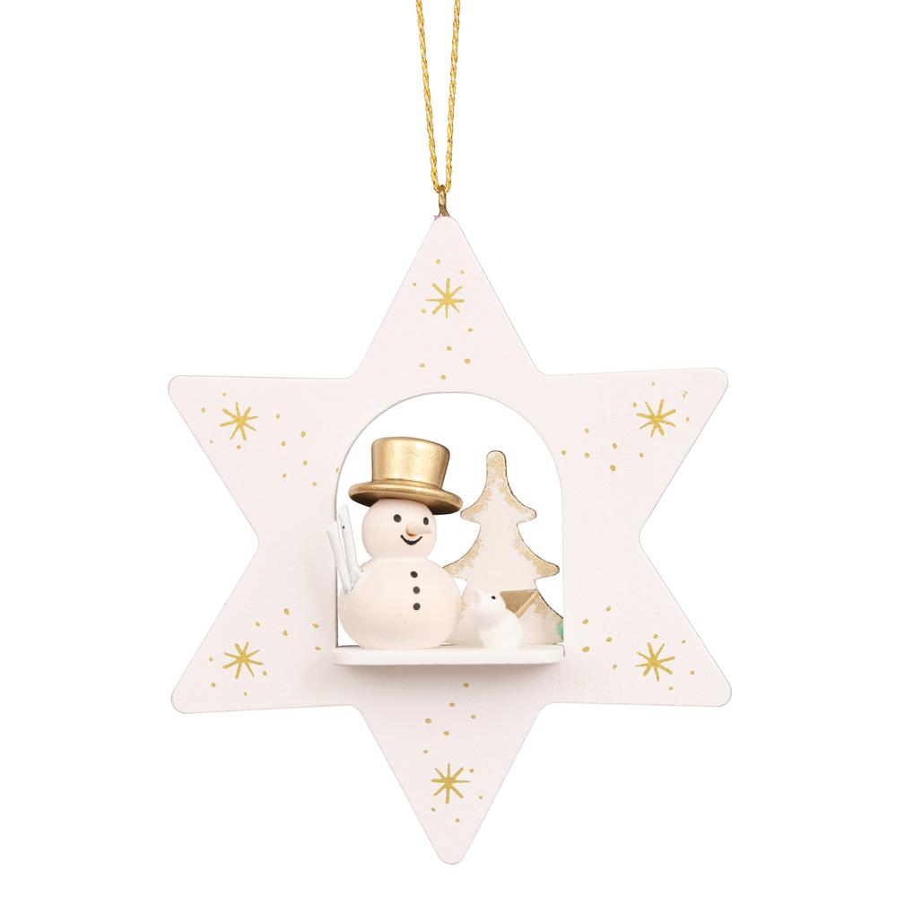 Christian Ulbricht Ornament - White Star With Snowman - 4"H x 3.25"W x 1"D