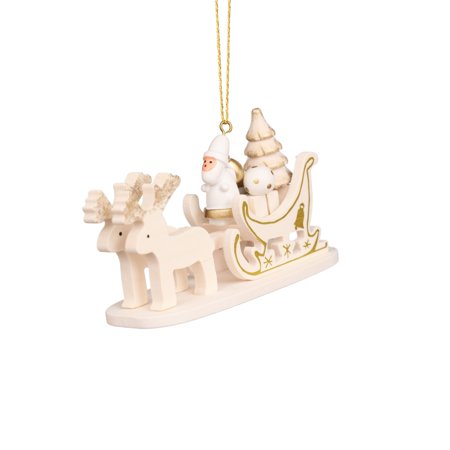 10-0928 - Christian Ulbricht Ornament - White and Gold Sled With Santa - 2.25"H x 1.9"W x .8"D