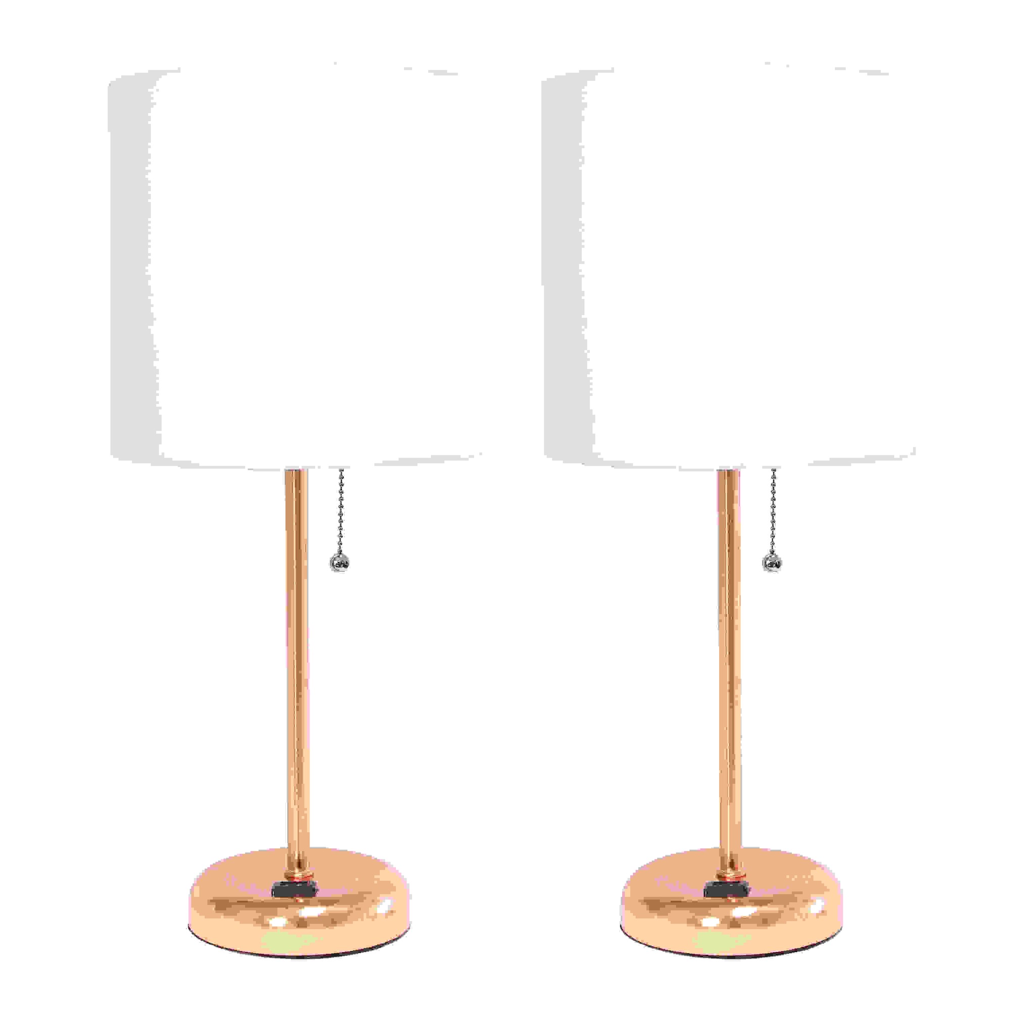 Simple Designs Rose Gold Stick Lamp with Charging Outlet and Fabric Shade 2 Pack Set, White