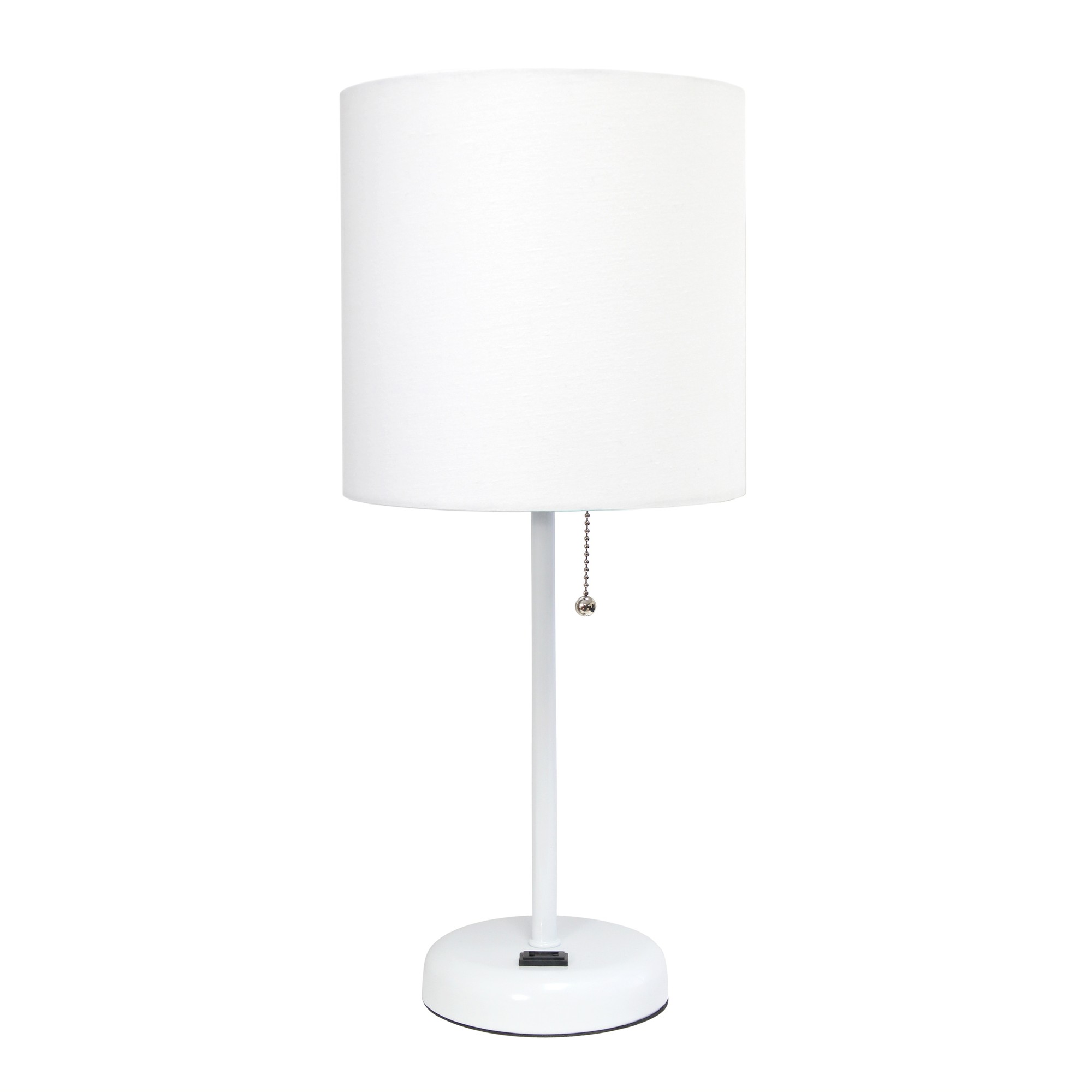 Simple Designs White Stick Lamp with Charging Outlet and Fabric Shade, White