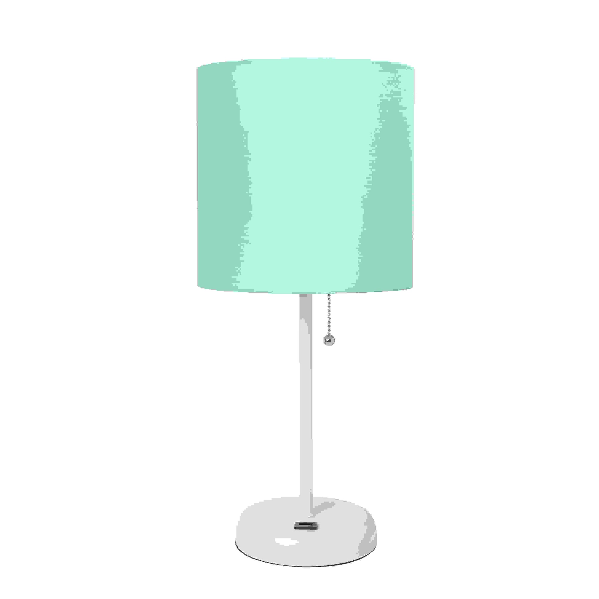 Simple Designs White Stick Lamp with USB charging port and Fabric Shade, Aqua