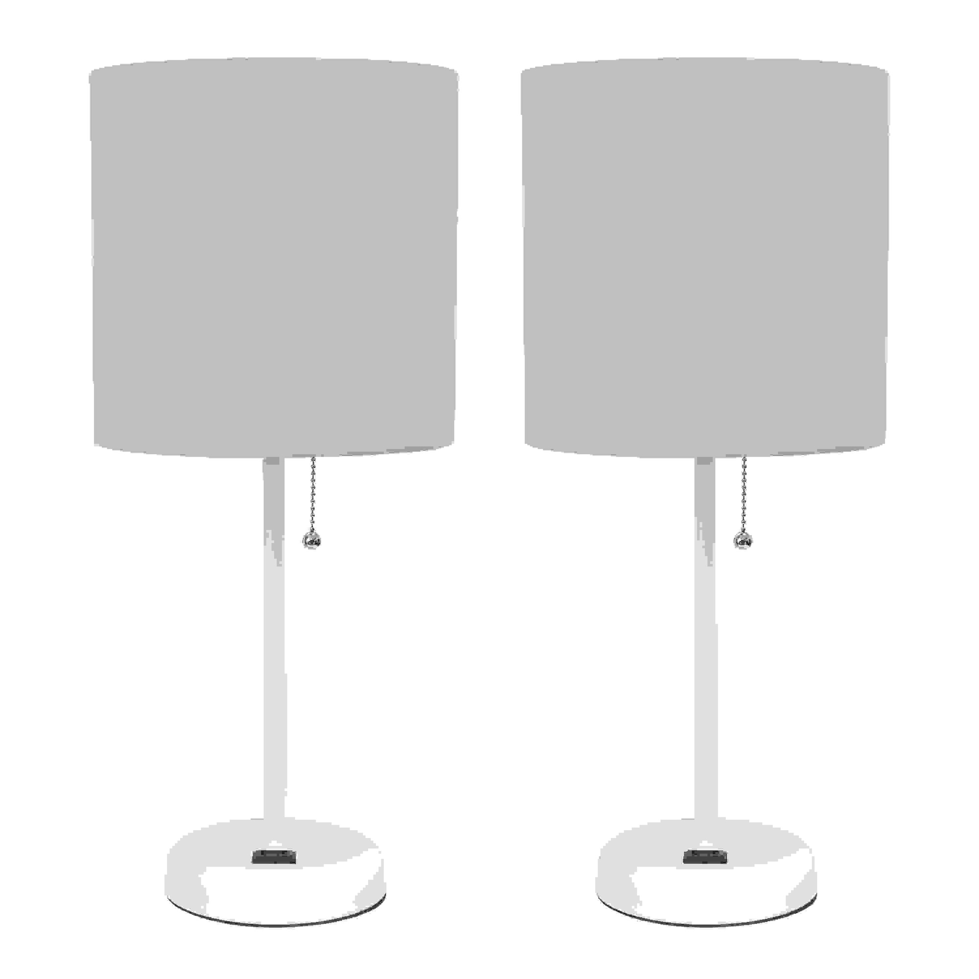 Simple Designs White Stick Lamp with Charging Outlet and Fabric Shade 2 Pack Set, Gray