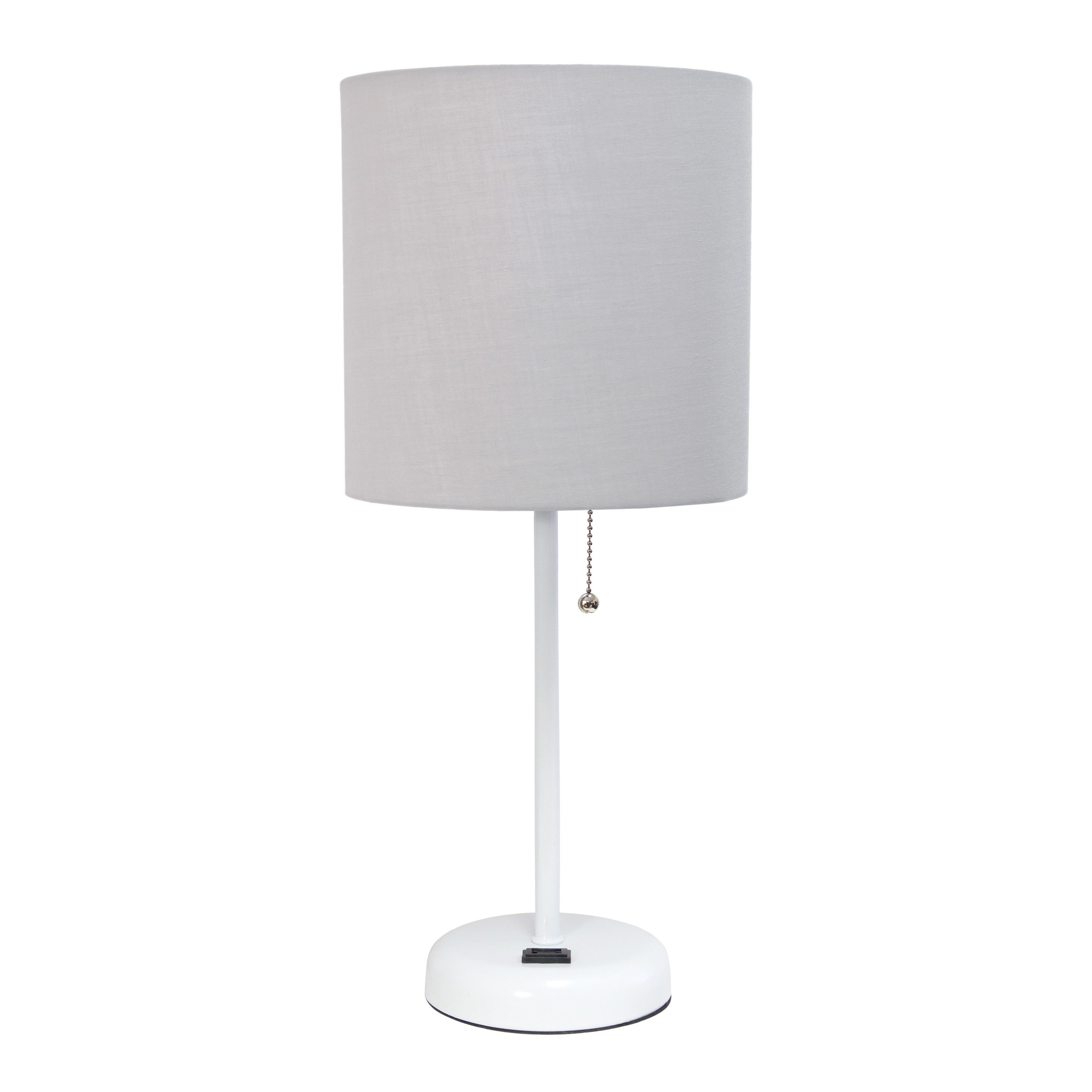 Simple Designs White Stick Lamp with Charging Outlet and Fabric Shade, Gray