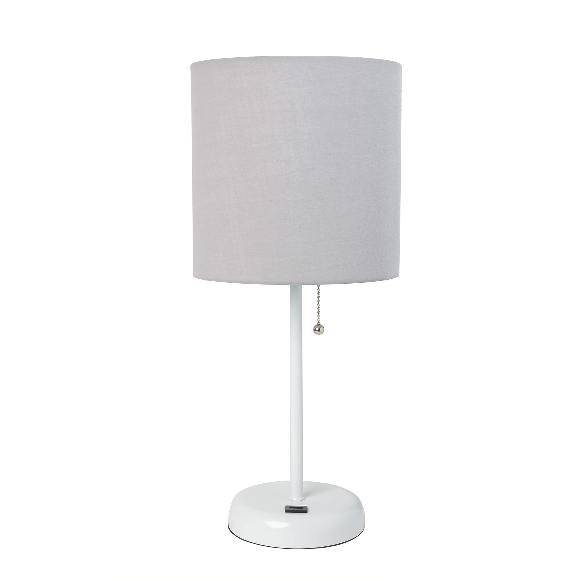 Simple Designs White Stick Lamp with USB charging port and Fabric Shade, Gray