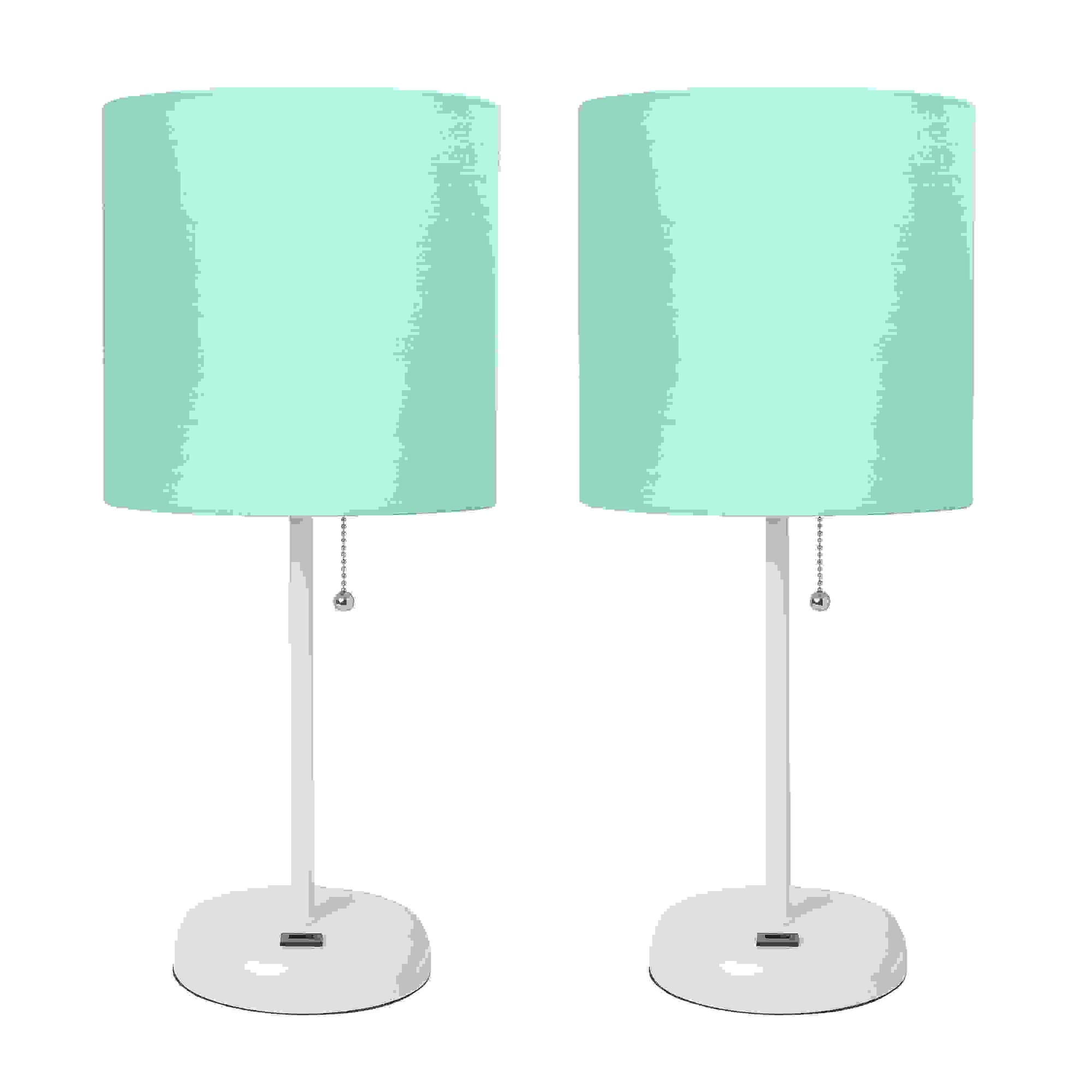 LimeLights White Stick Lamp with USB charging port and Fabric Shade 2 Pack Set, Aqua