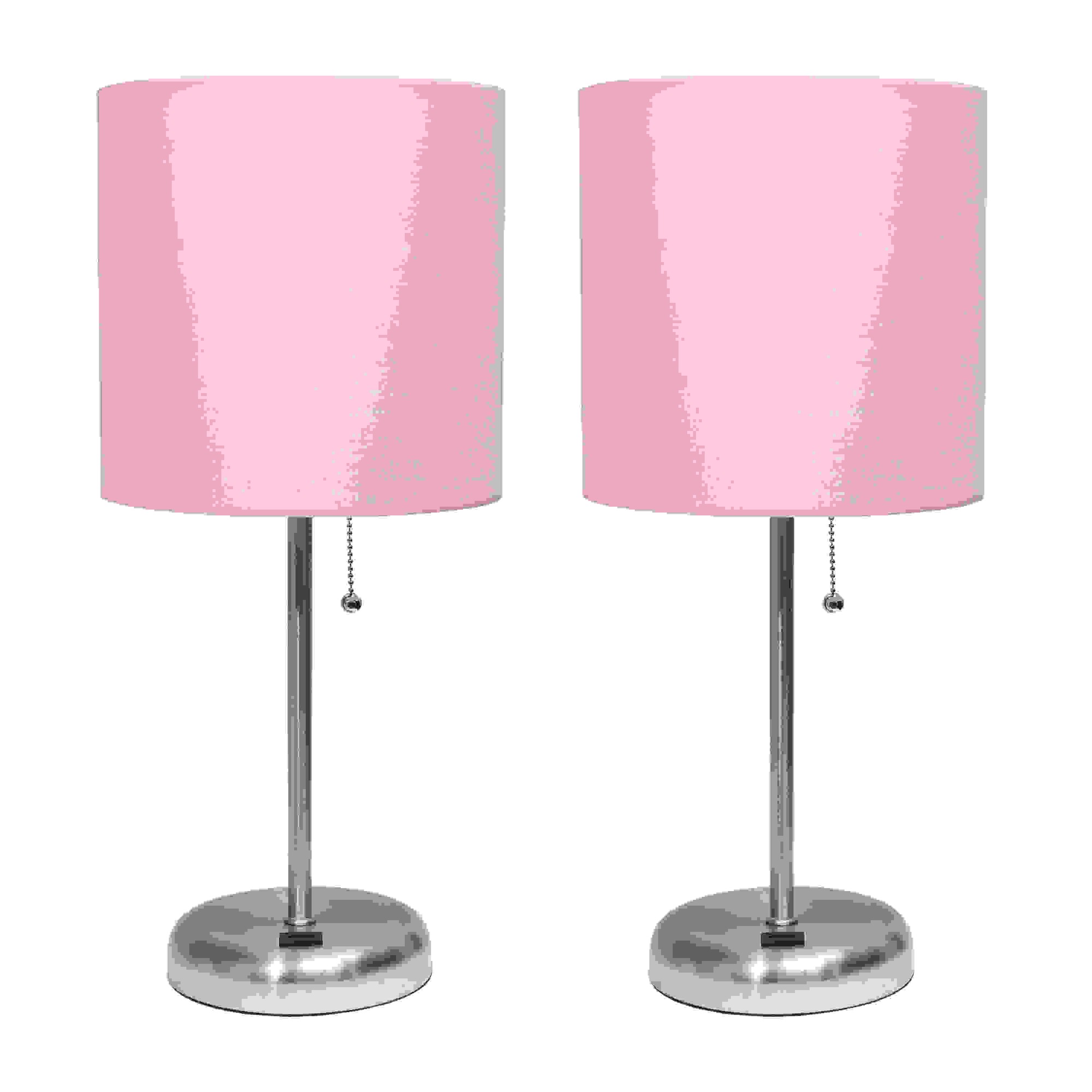 Simple Designs Stick Lamp with USB charging port and Fabric Shade 2 Pack Set, Light Pink
