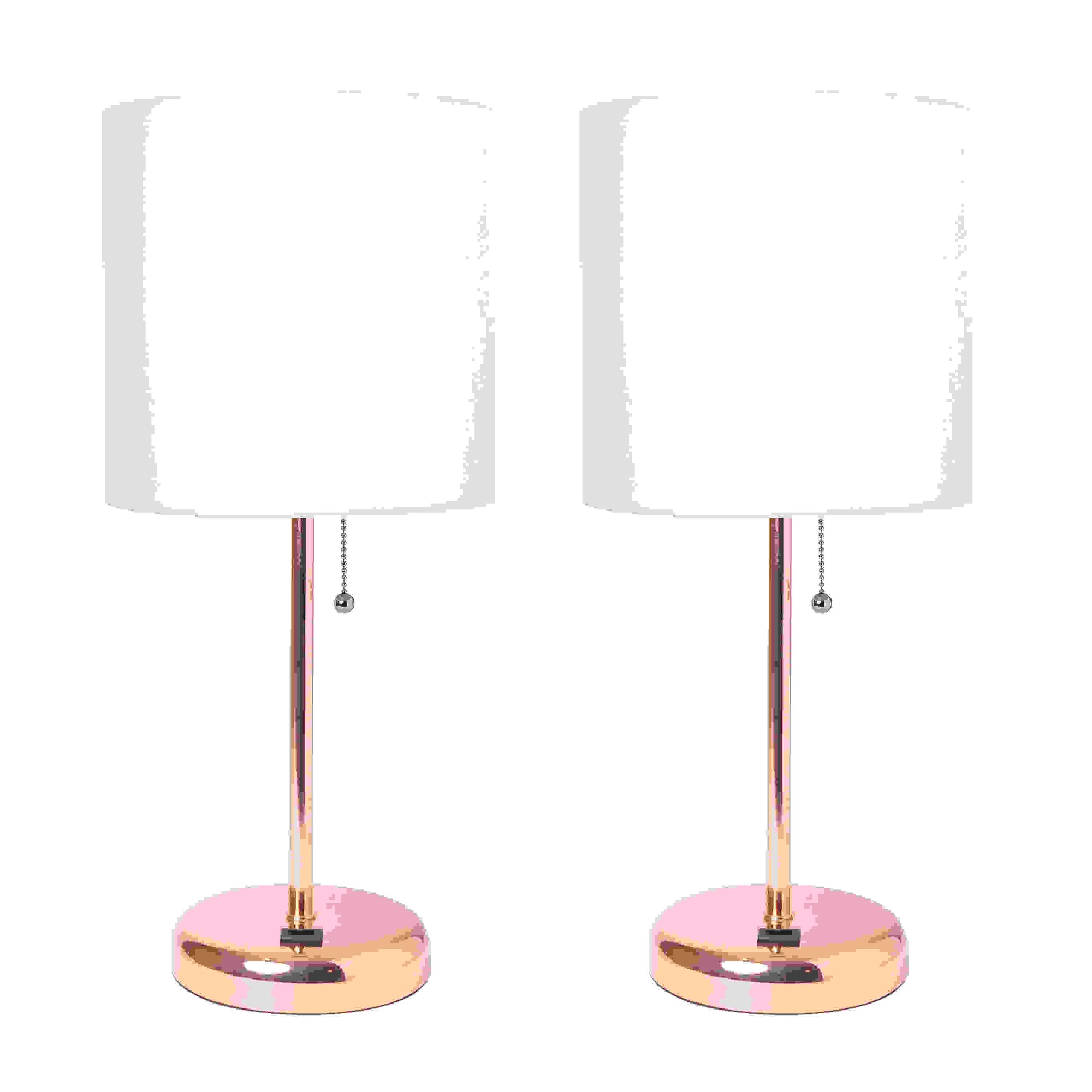 LimeLights Rose Gold Stick Lamp with USB charging port and Fabric Shade 2 Pack Set, White