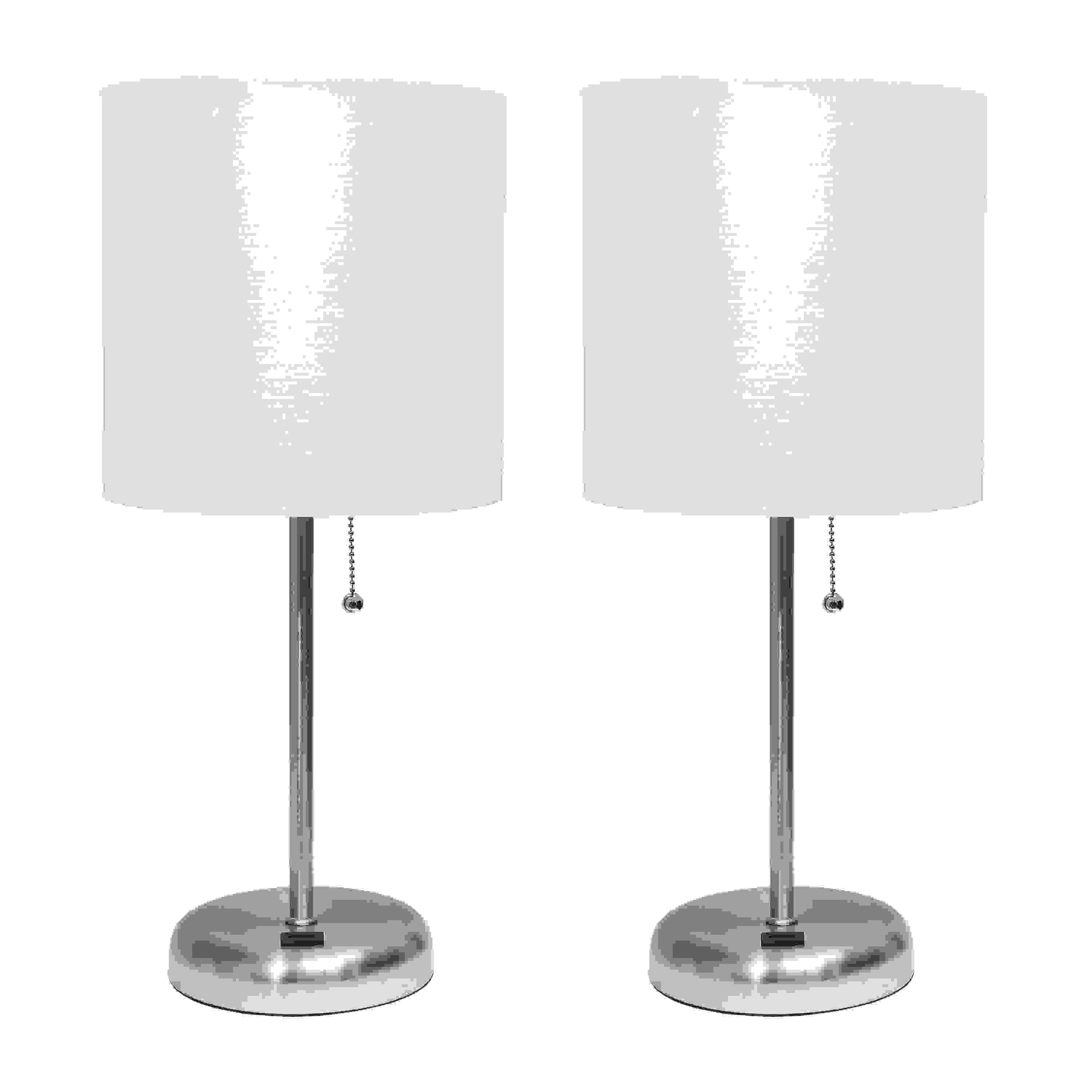 Simple Designs Stick Lamp with USB charging port and Fabric Shade 2 Pack Set, White