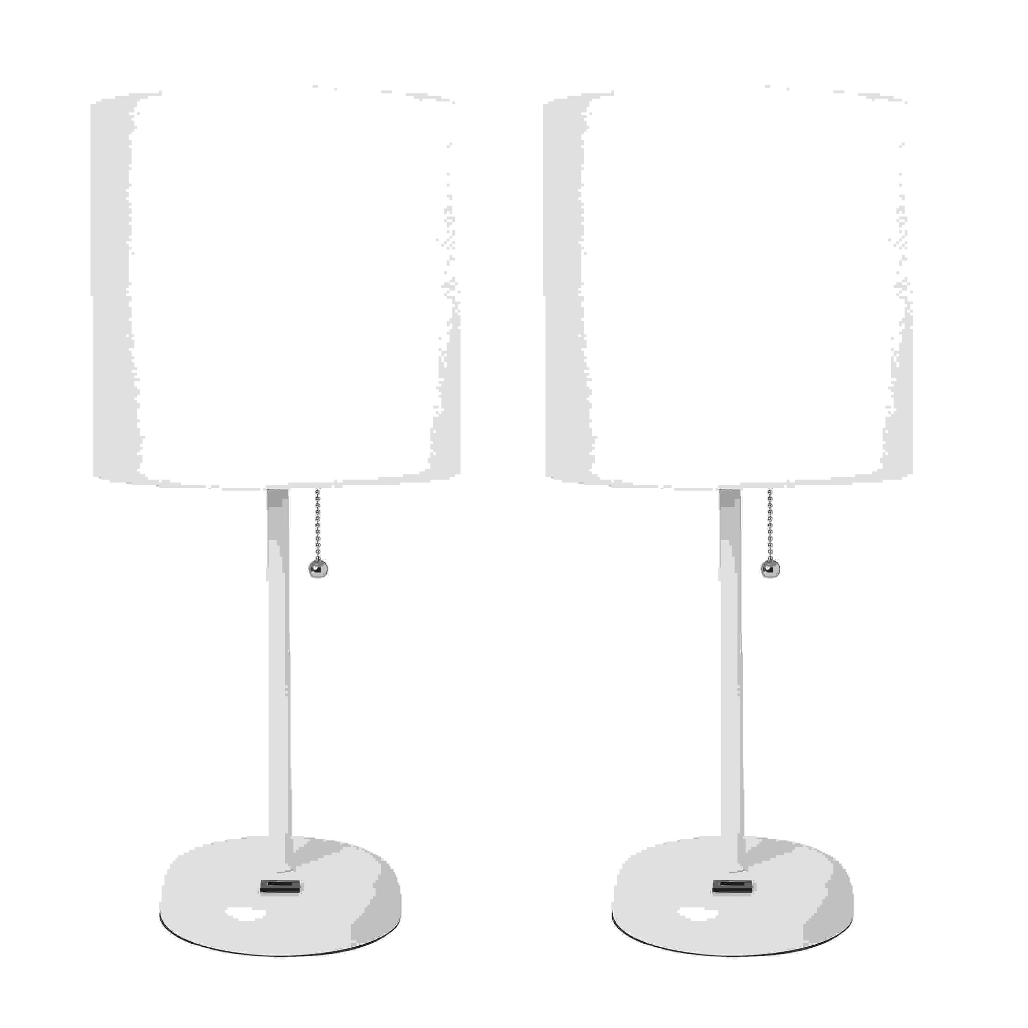 LimeLights White Stick Lamp with USB charging port and Fabric Shade 2 Pack Set, White