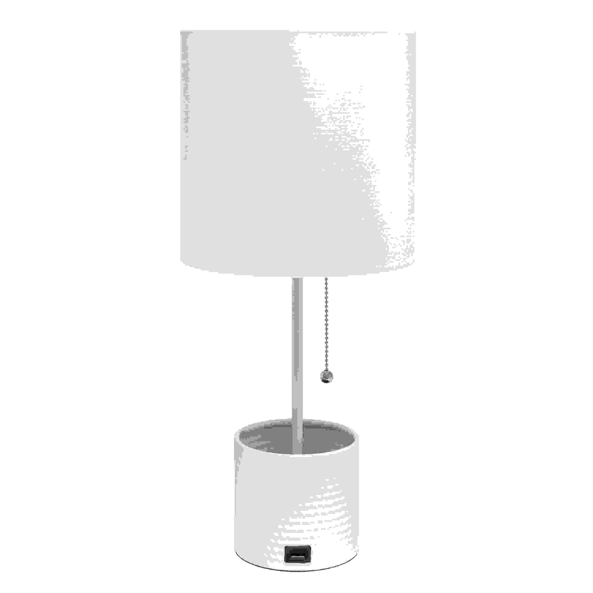 Simple Designs Hammered Metal Organizer Table Lamp with USB charging port and Fabric Shade, White