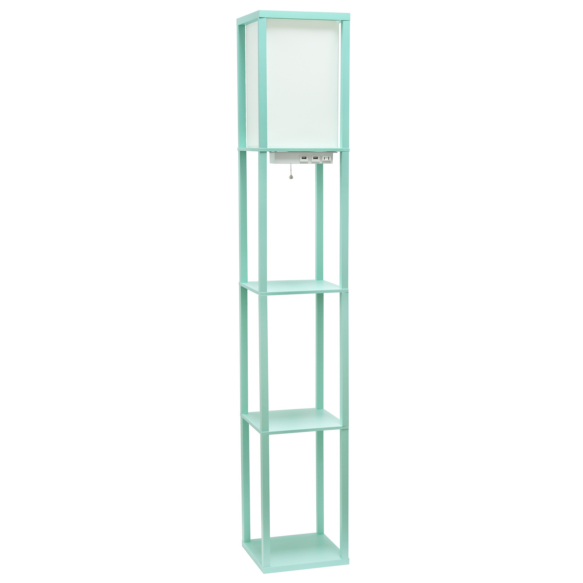 Simple Designs Floor Lamp Etagere Organizer Storage Shelf with 2 USB Charging Ports, 1 Charging Outlet and Linen Shade, Aqua