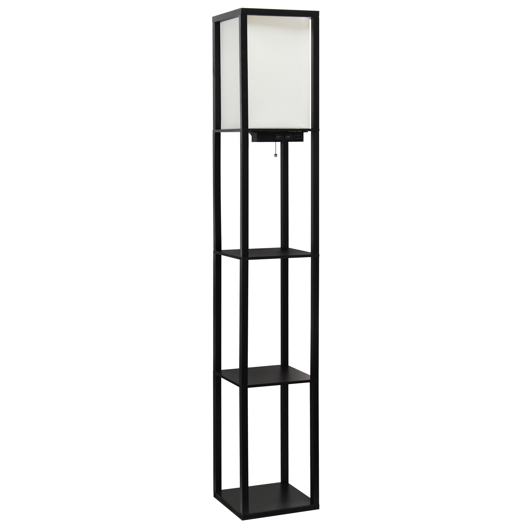 Simple Designs Floor Lamp Etagere Organizer Storage Shelf with 2 USB Charging Ports, 1 Charging Outlet and Linen Shade, Black