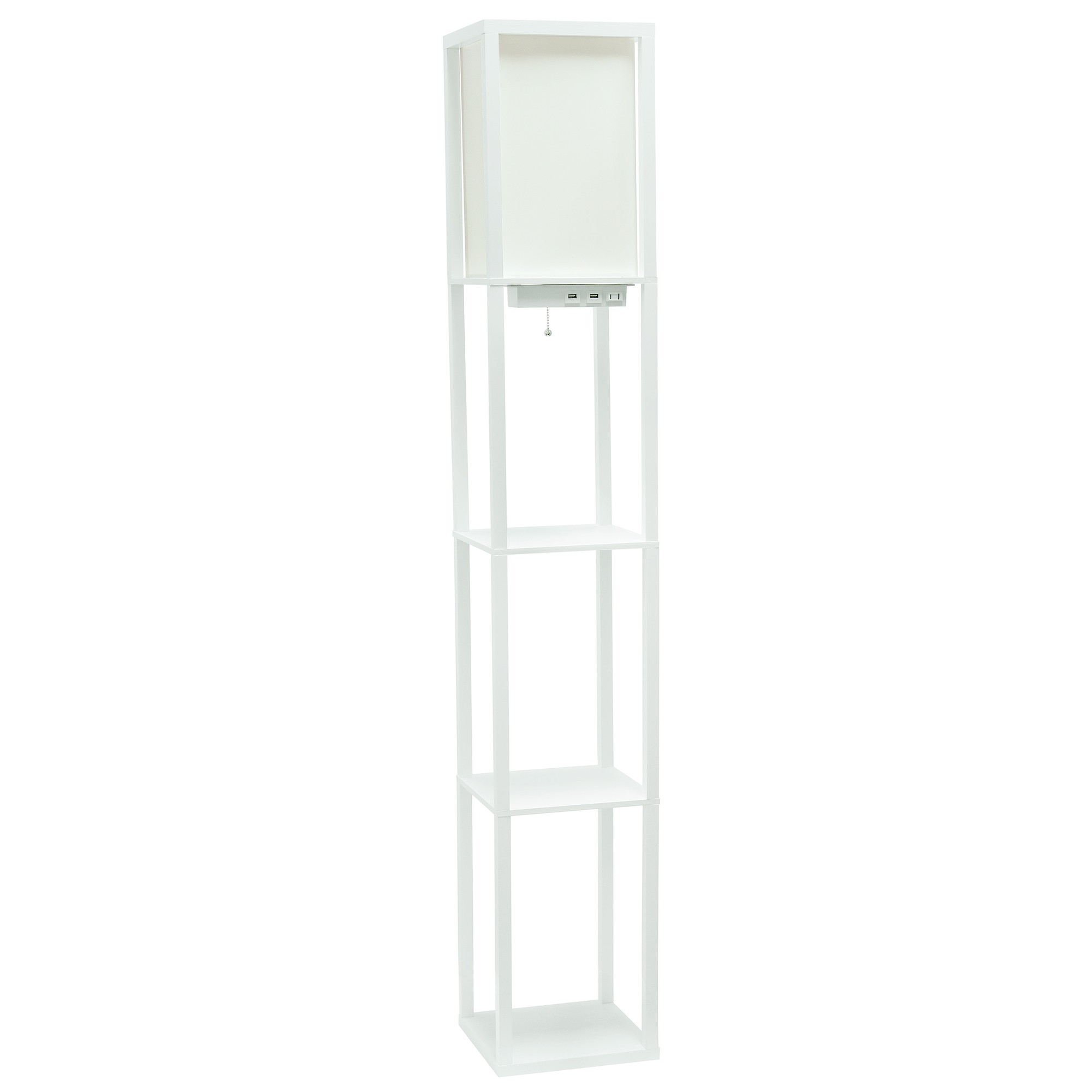 Simple Designs Floor Lamp Etagere Organizer Storage Shelf with 2 USB Charging Ports, 1 Charging Outlet and Linen Shade, White