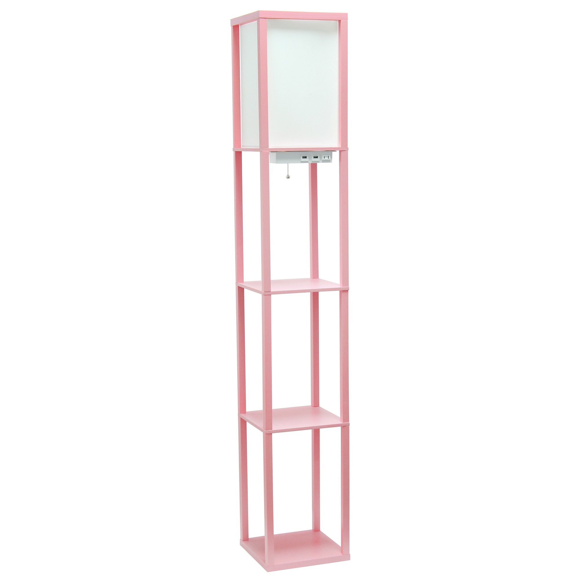 Floor Lamp Etagere Organizer Storage Shelf with 2 USB Charging Ports, 1 Charging Outlet and Linen Shade, Light Pink