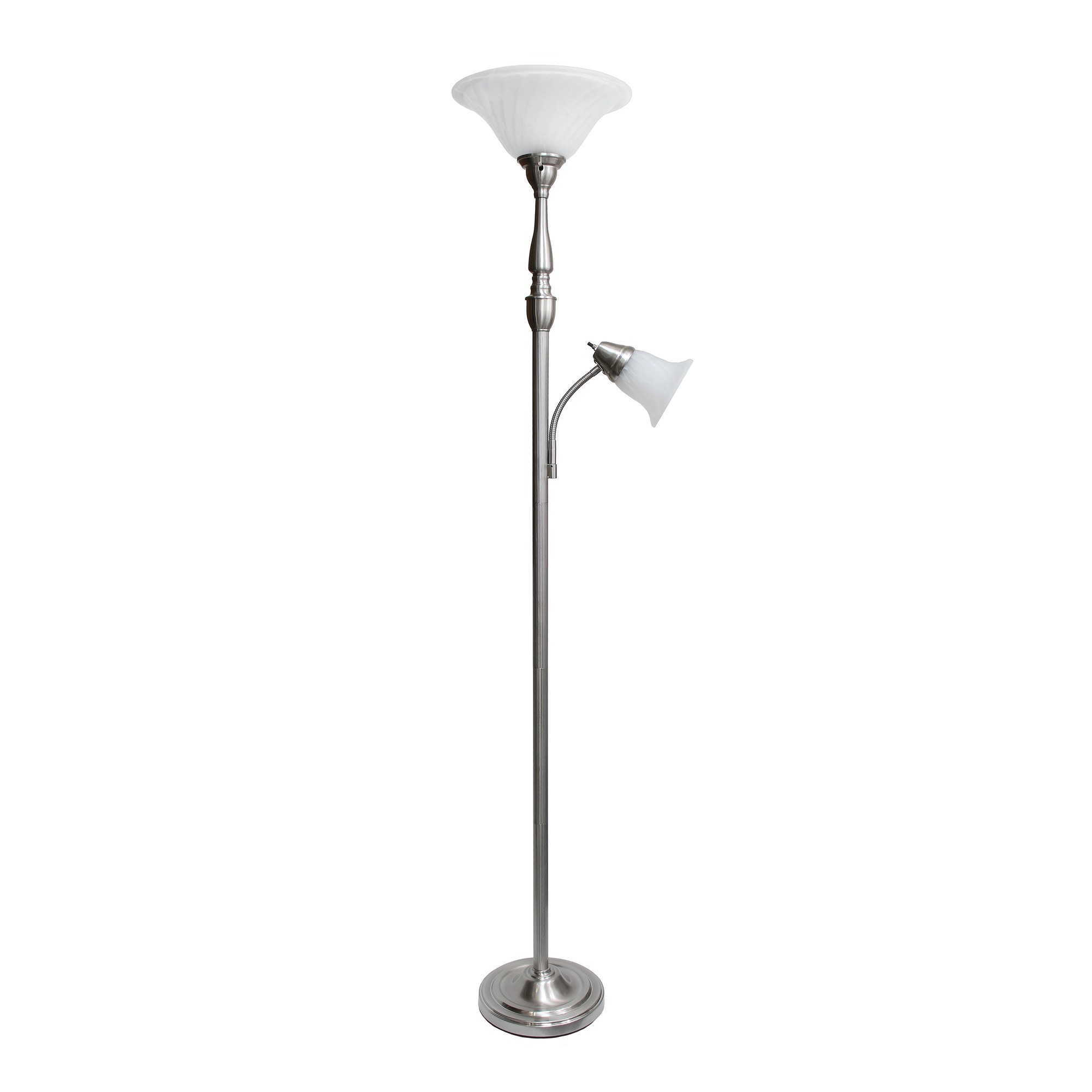 Lalia Home Torchiere Floor Lamp with Reading Light and Marble Glass Shades, Brushed Nickel