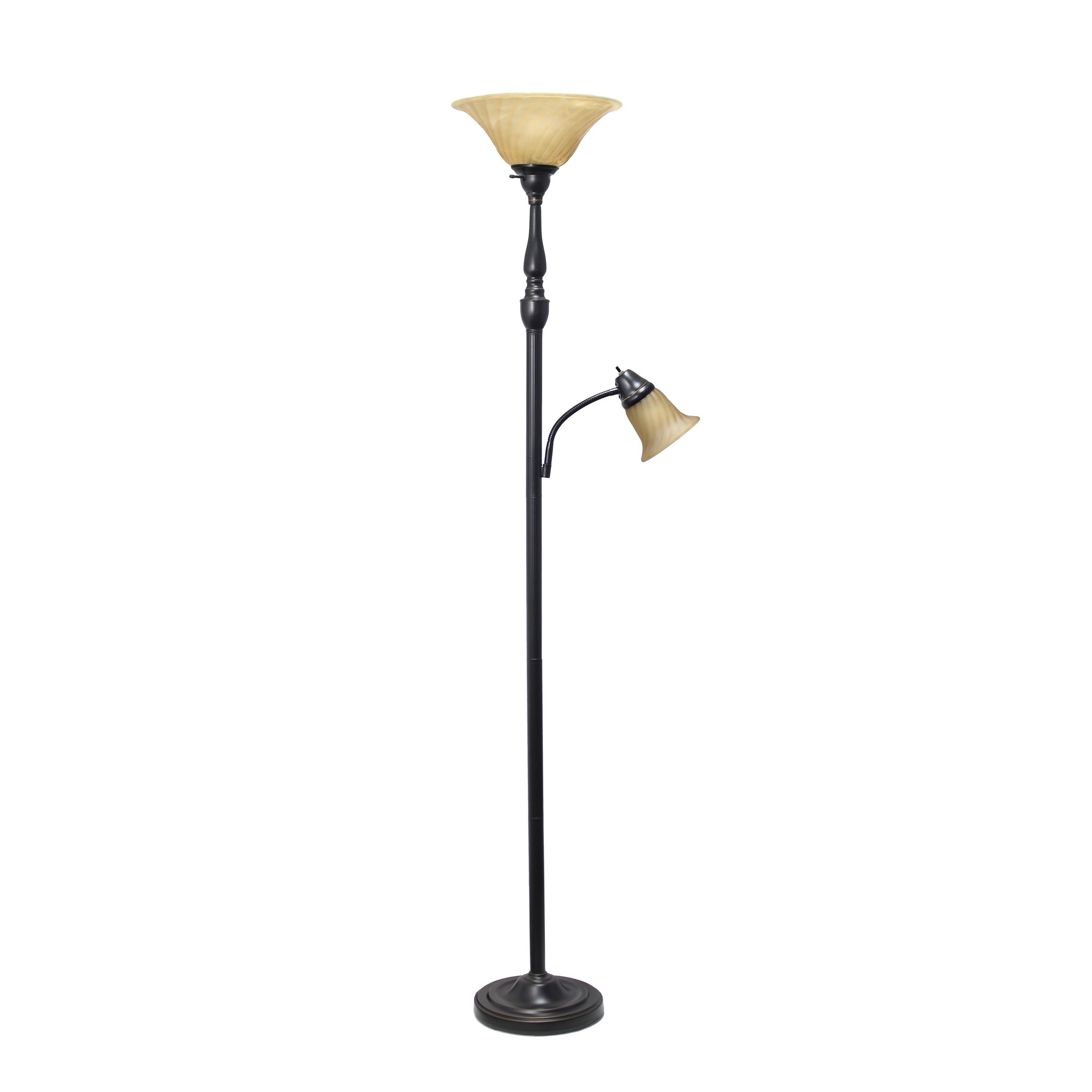 Lalia Home Torchiere Floor Lamp with Reading Light and Marble Glass Shades, Restoration Bronze and Amber