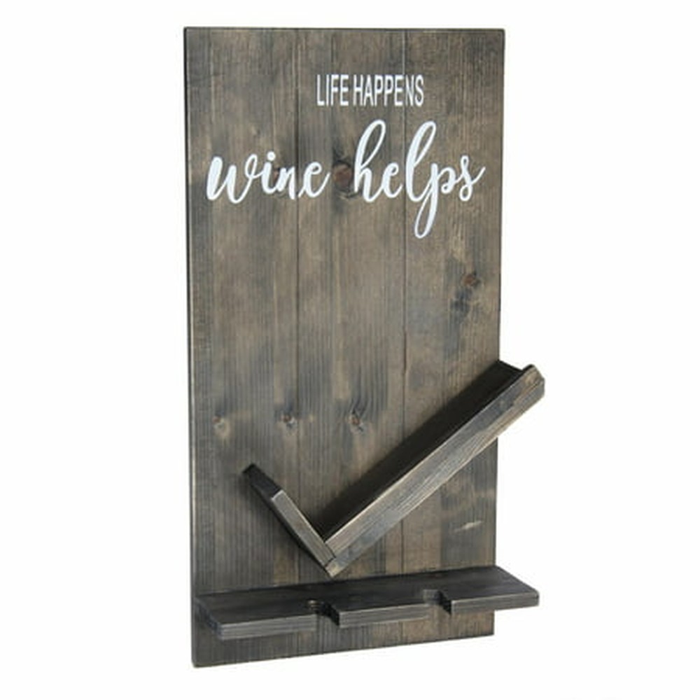 Elegant Designs Lucca Wall Mounted Wooden (Life Happens Wine Helps Wine Bottle Shelf with Glass Holder, Rustic Gray