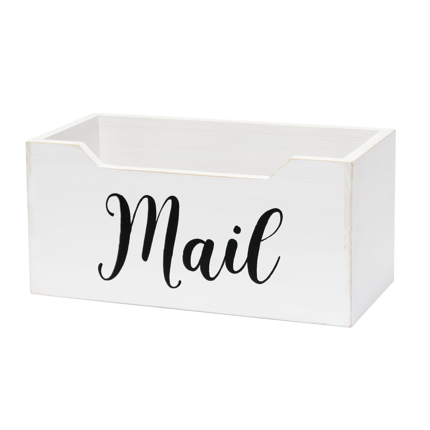 Elegant Designs Rustic Farmhouse Wooden Tabletop Decorative Script Word "Mail" Organizer Box, Letter Holder, White Wash