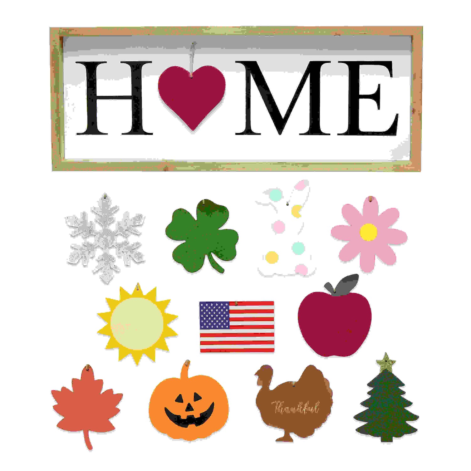 Elegant Designs Rustic Farmhouse Wooden Seasonal Interchangeable Symbol "Home" Frame with 12 Ornaments, Natural