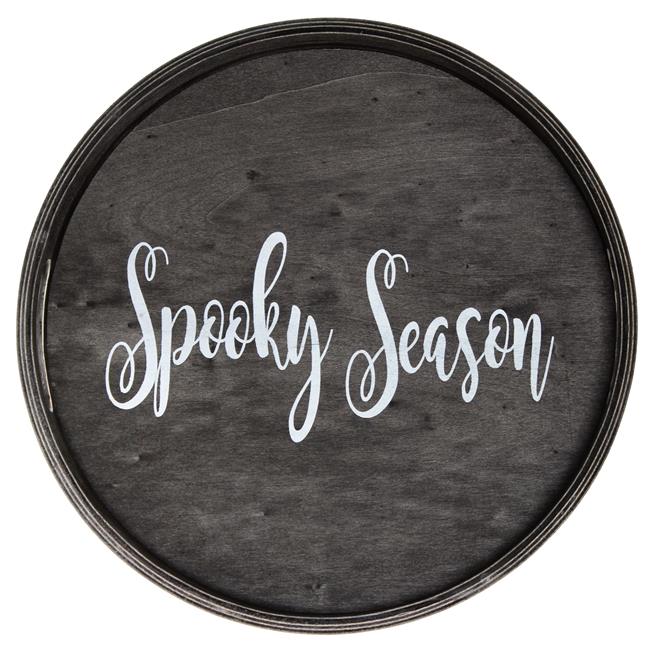 Elegant Designs Decorative 13.75" Round Wood Serving Tray w/ Handles, "Spooky Season"