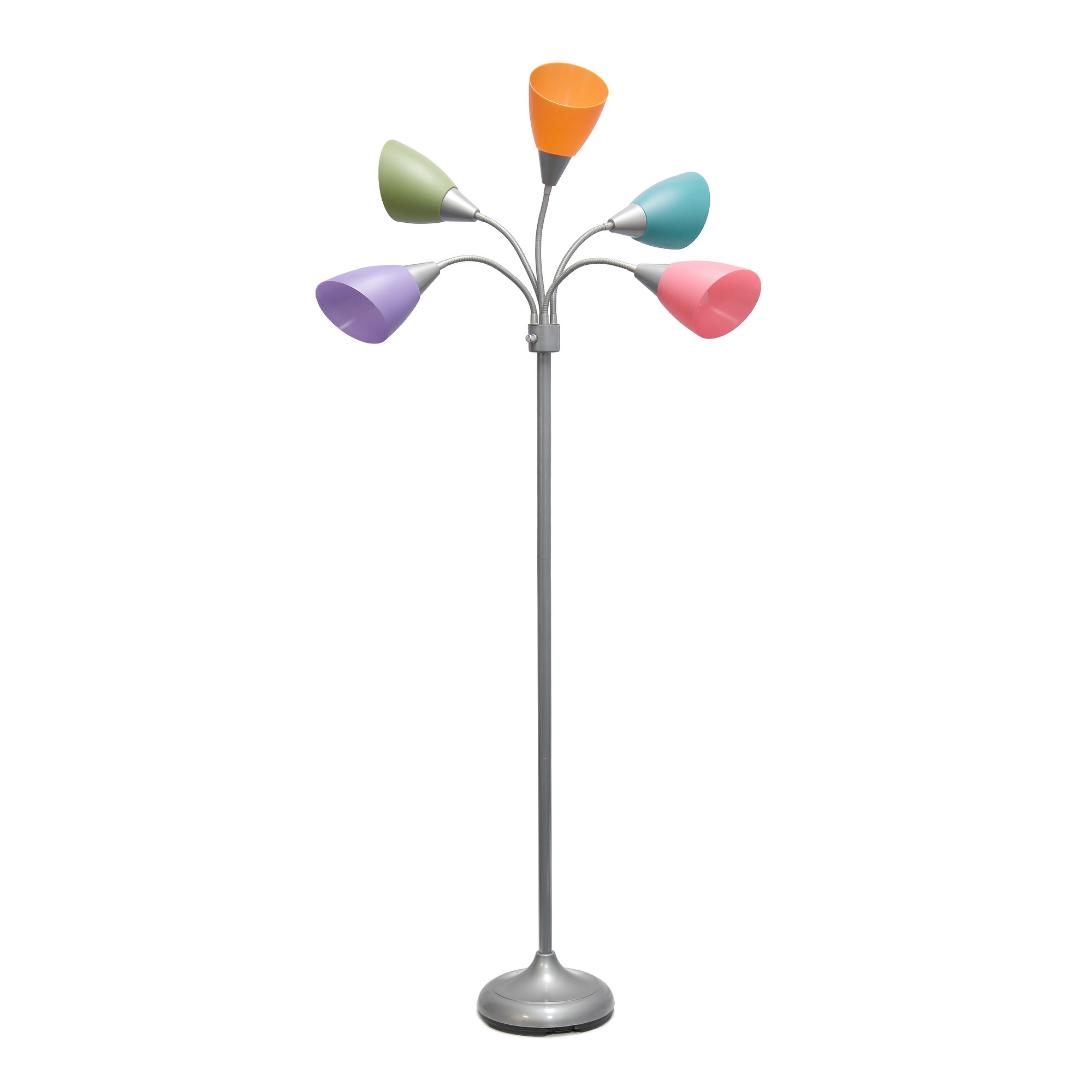 Simple Designs 5 Light Adjustable Gooseneck Silver Floor Lamp with Fun Multicolored Shades