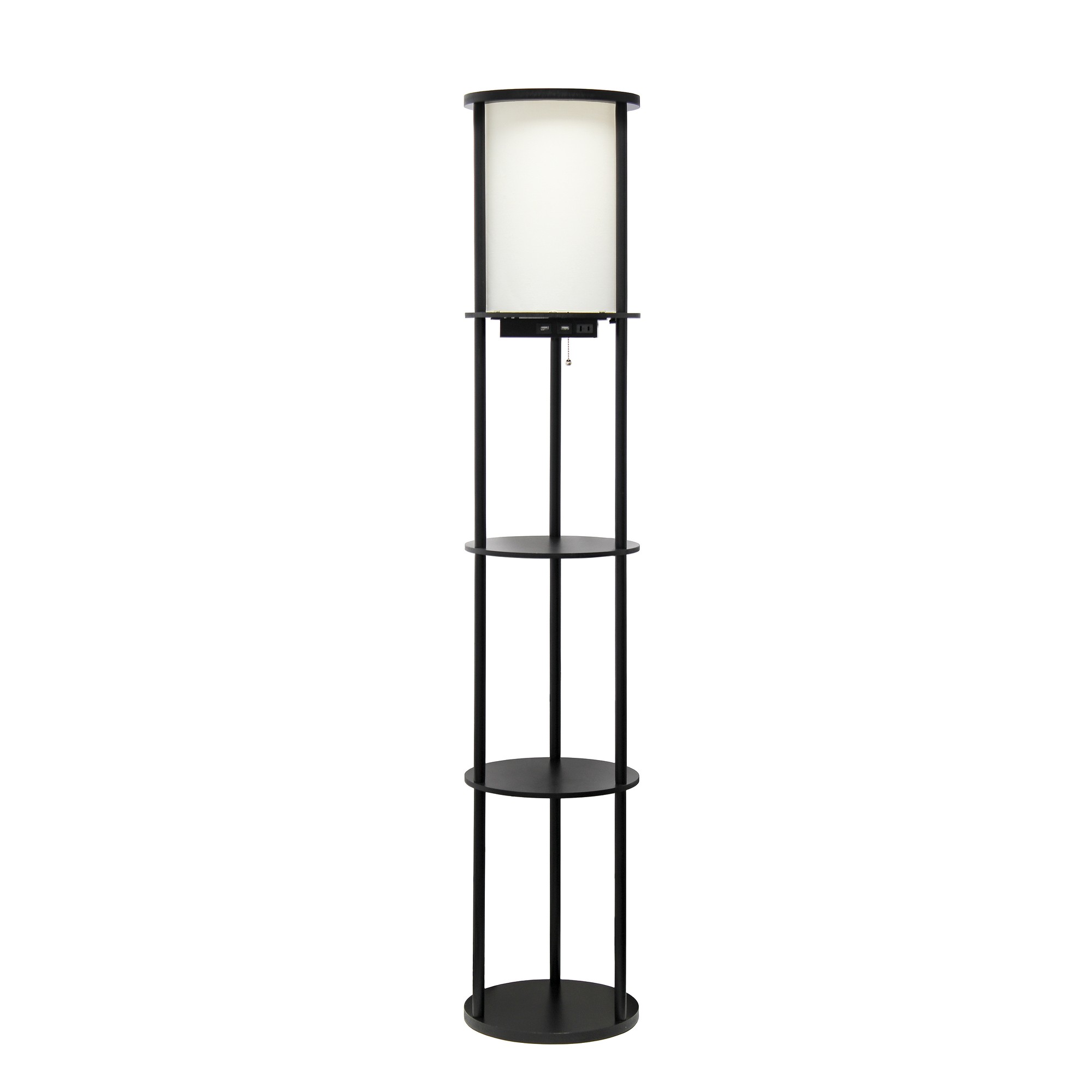 Simple Designs 62.5" Round Storage Floor Lamp with 2 USB Charging Ports, 1 Charging Outlet and Linen Shade, Black