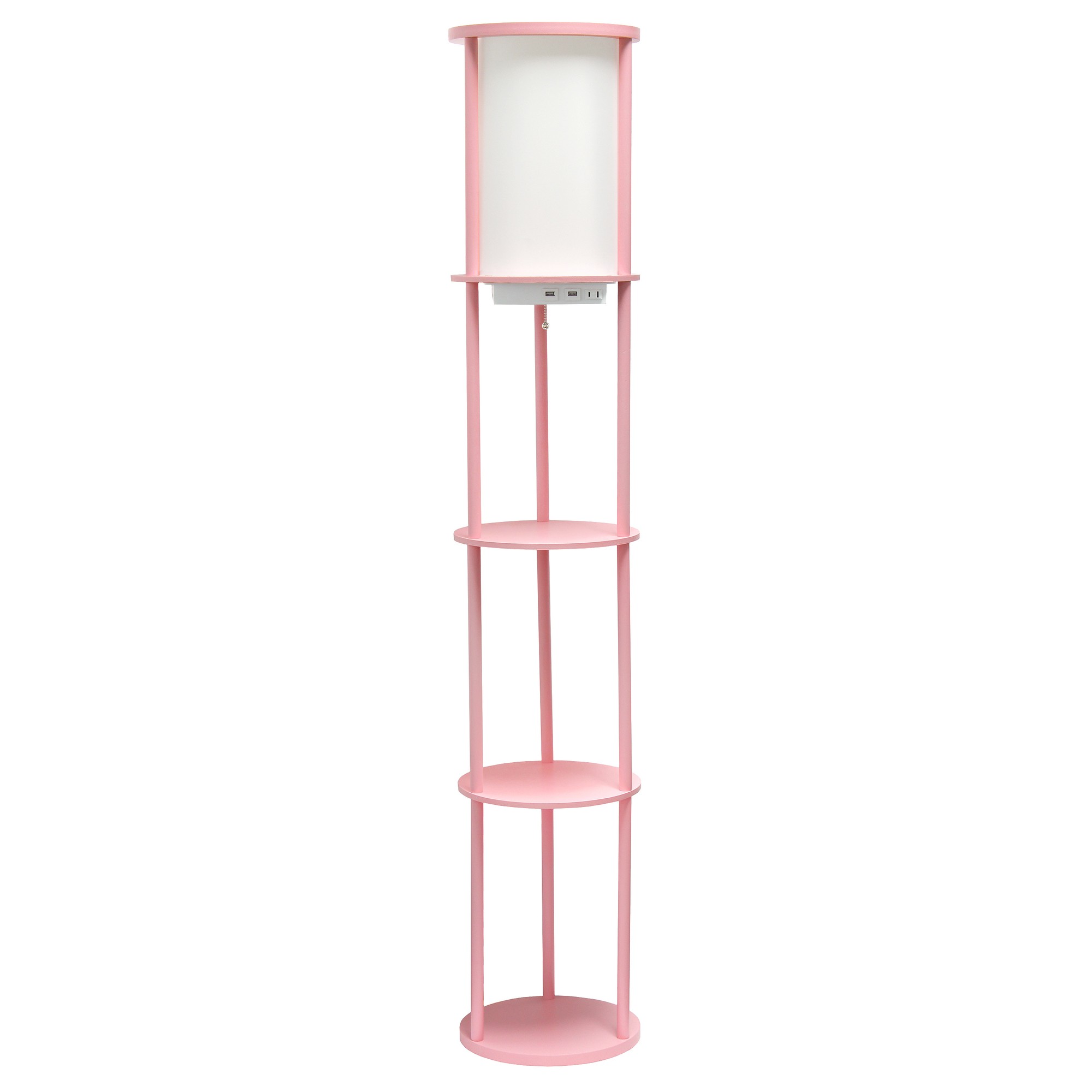 Simple Designs 62.5" Round Storage Floor Lamp with 2 USB Charging Ports, 1 Charging Outlet and Linen Shade, Light Pink