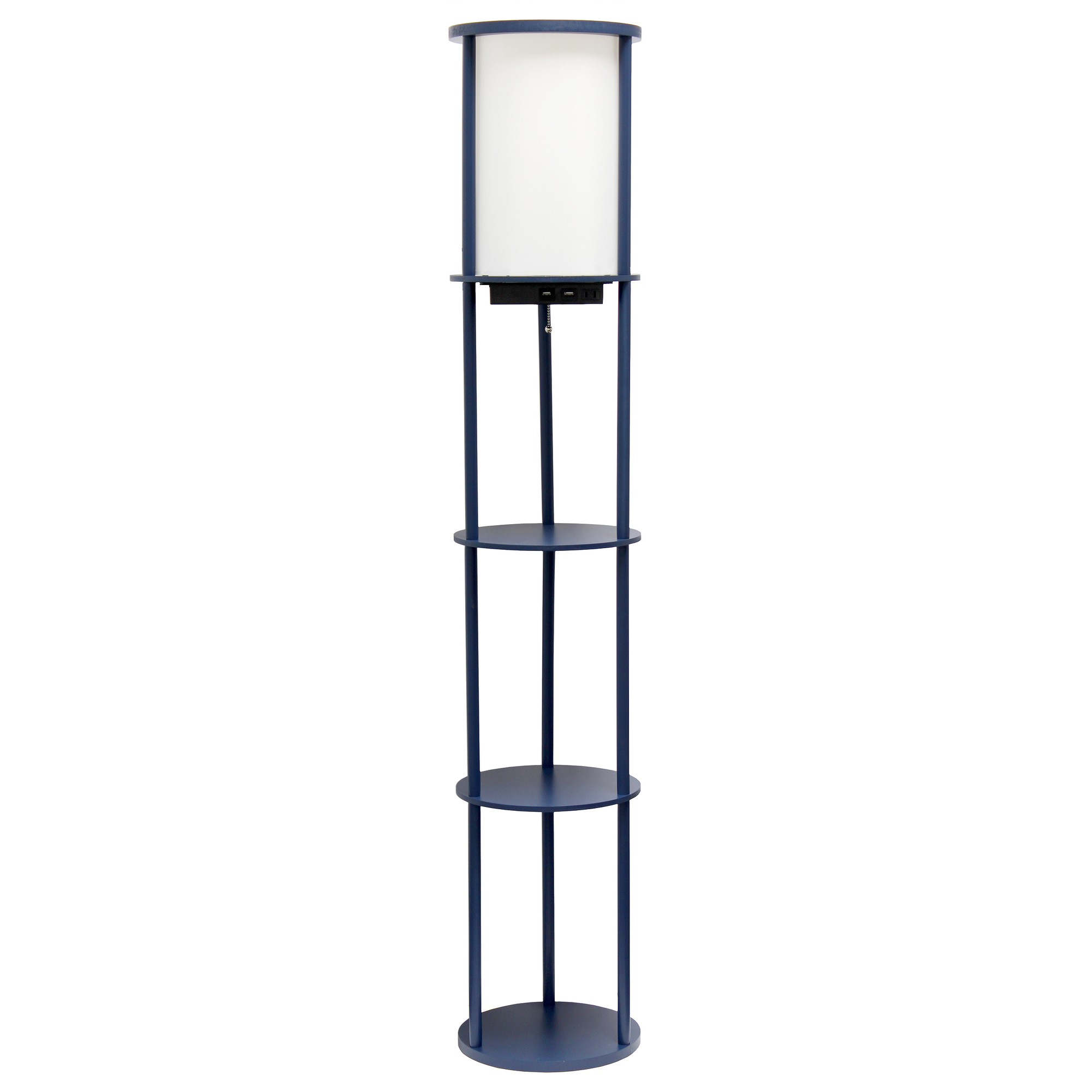 Simple Designs 62.5" Round Storage Floor Lamp with 2 USB Charging Ports, 1 Charging Outlet and Linen Shade, Navy