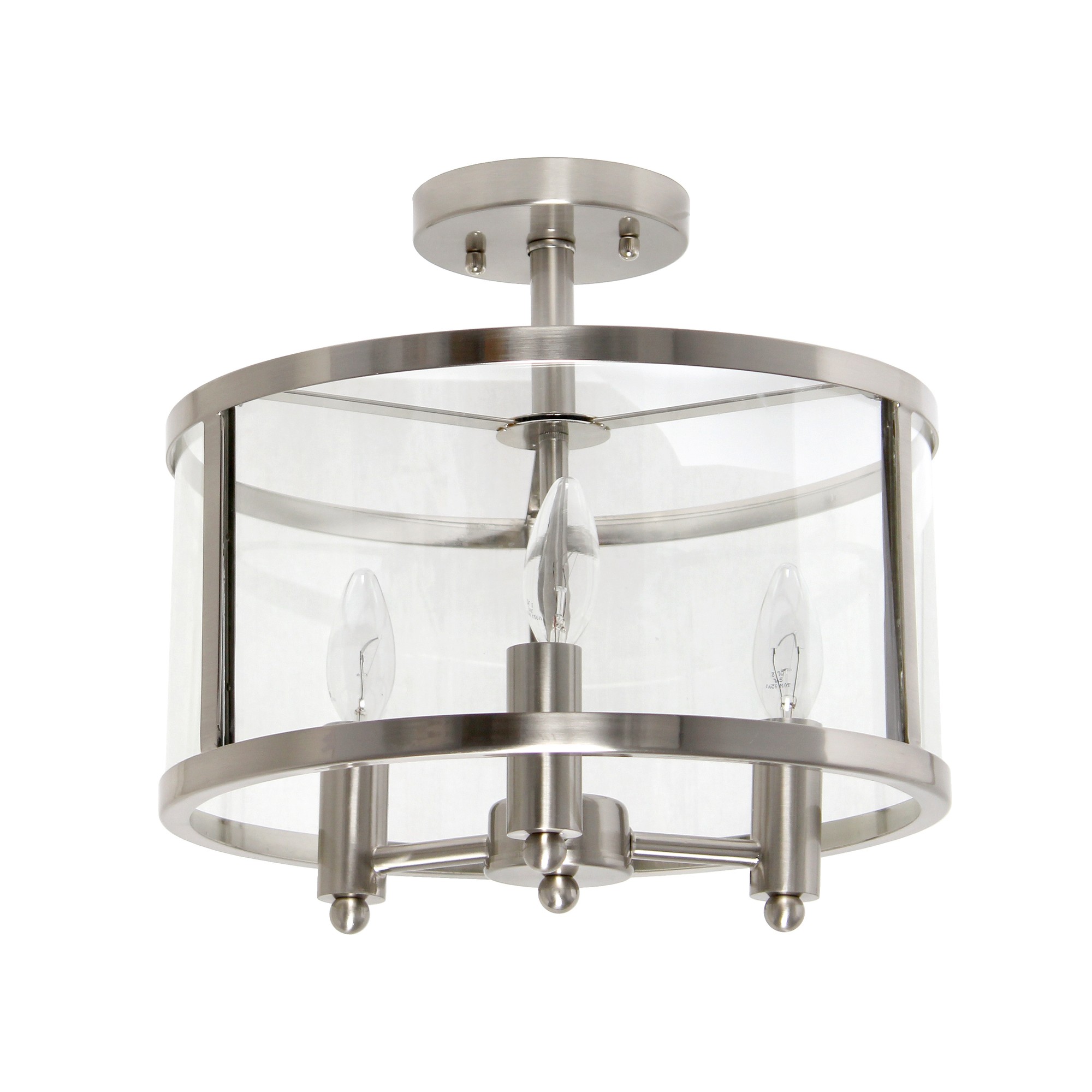 Lalia Home 3-Light 13" Industrial Farmhouse Glass and Metallic Accented Semi-flushmount, Brushed Nickel
