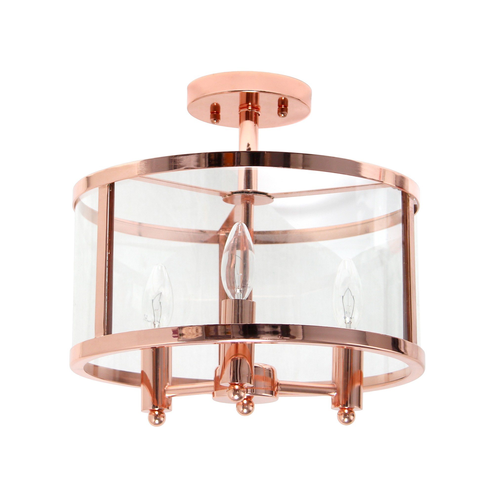 Lalia Home 3-Light 13" Industrial Farmhouse Glass and Metallic Accented Semi-flushmount, Rose Gold