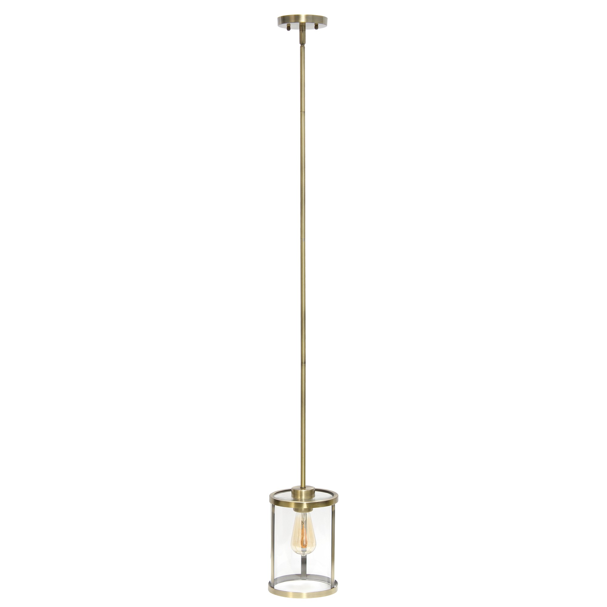Lalia Home 1-Light 9.25" Modern Adjustable Hanging Cylindrical Clear Glass Pendant Fixture with Metal Accents, Antique Brass