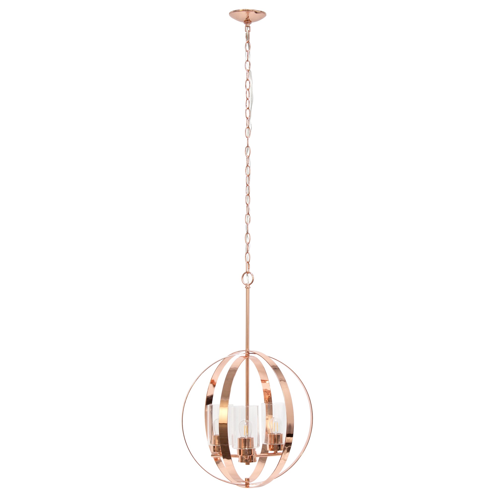 Lalia Home 3-Light 18" Adjustable Industrial Globe Hanging Metal and Clear Glass Ceiling Pendant, Rose Gold