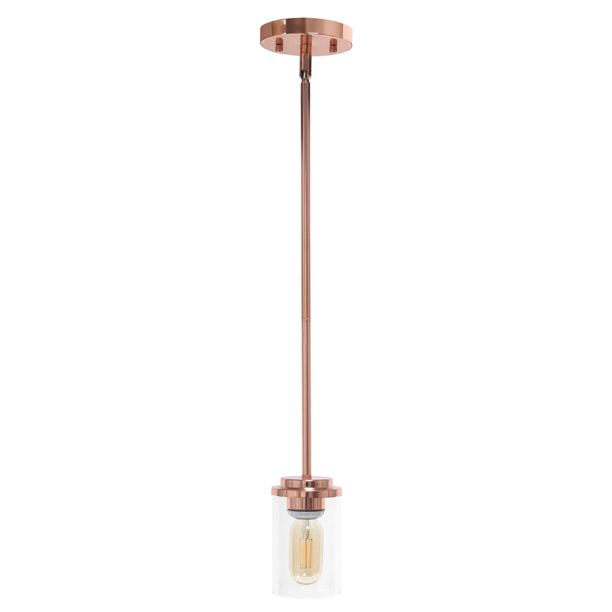 Lalia Home 1-Light 5.75" Minimalist Industrial Farmhouse Adjustable Hanging Clear Cylinder Glass Pendant Fixture, Rose Gold