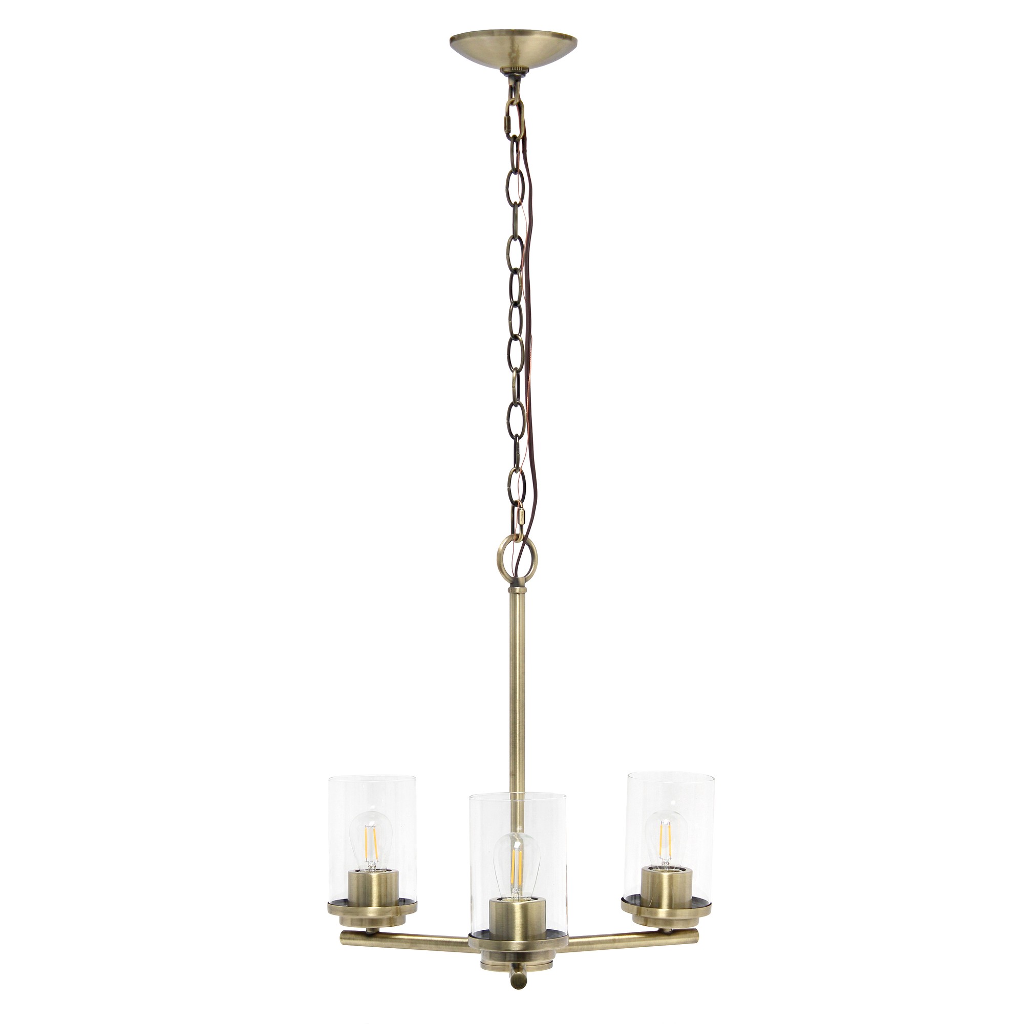 Lalia Home 3-Light 15" Classic Contemporary Clear Glass and Metal Hanging Pendant Chandelier, Antique Brass