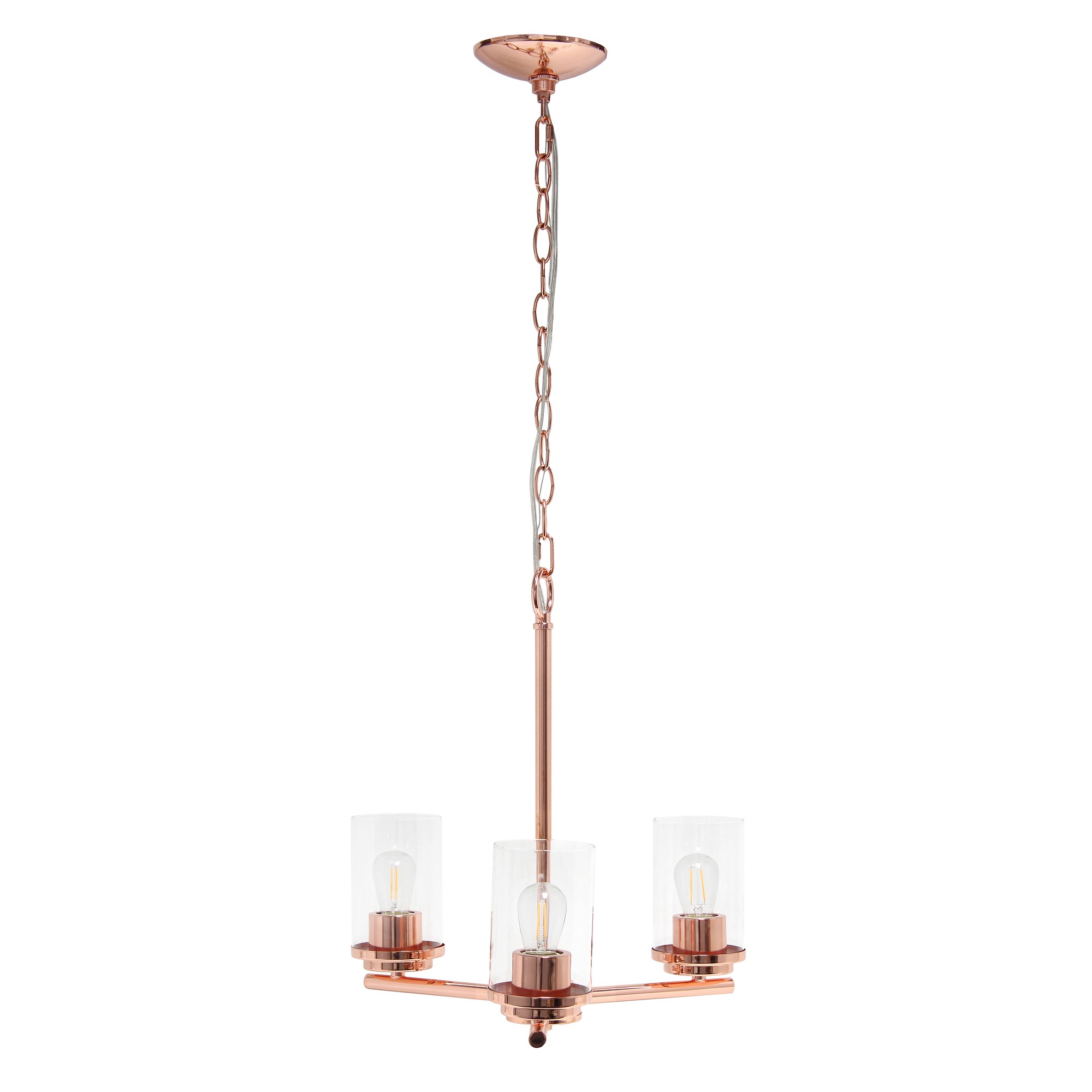 Lalia Home 3-Light 15" Classic Contemporary Clear Glass and Metal Hanging Pendant Chandelier, Rose Gold