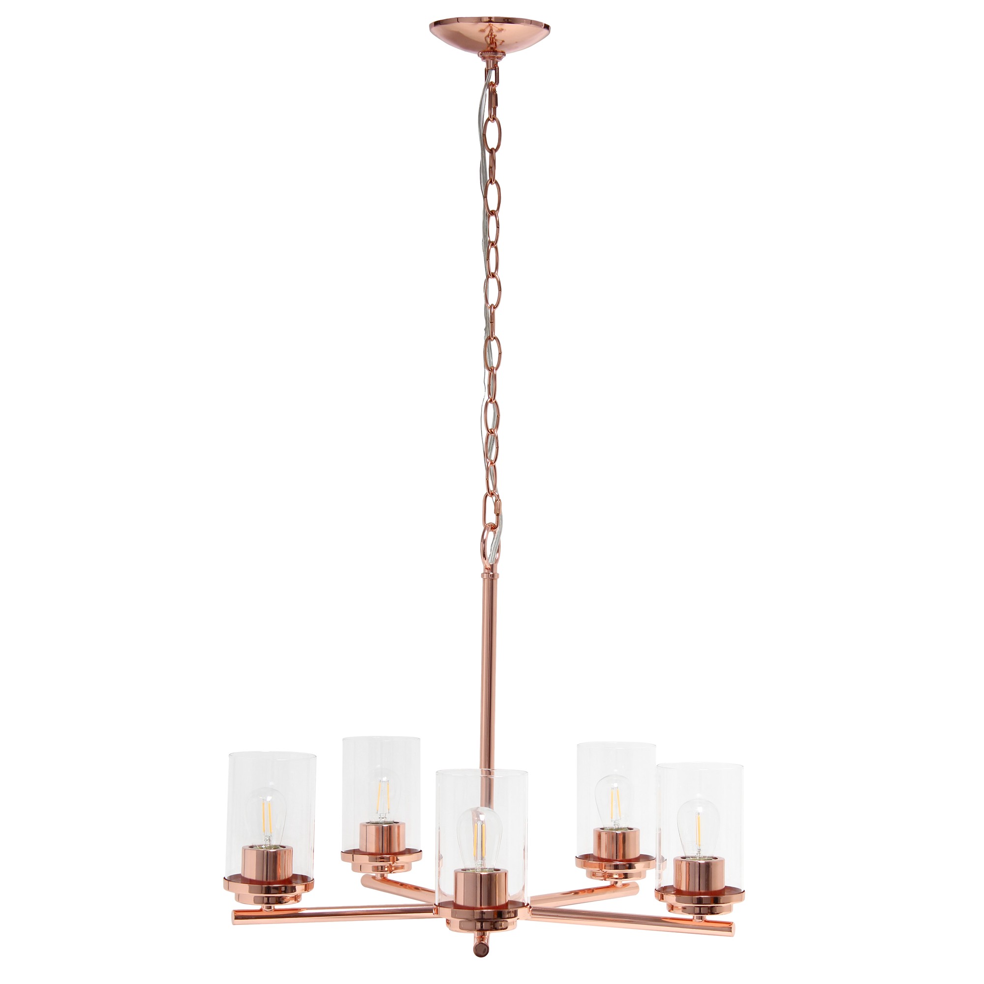 Lalia Home 5-Light 20.5" Classic Contemporary Clear Glass and Metal Hanging Pendant Chandelier, Rose Gold
