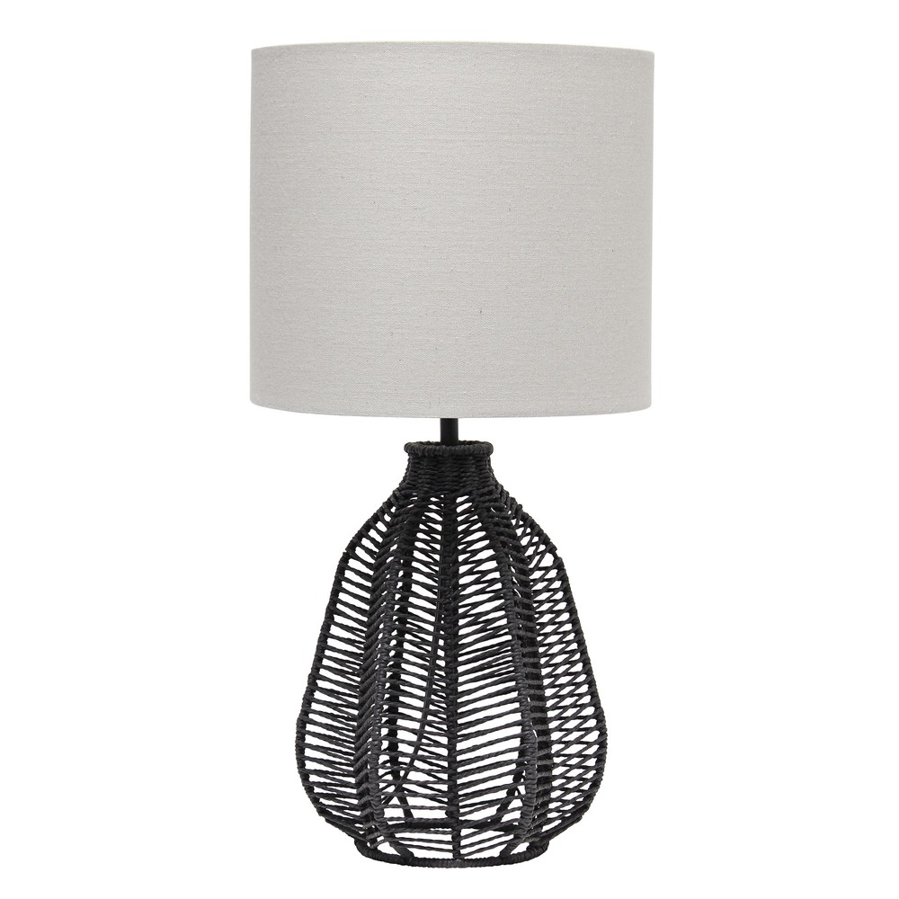 Lalia Home 21" Vintage Rattan Wicker Style Paper Rope Bedside Table Lamp with Light Gray Fabric Shade, Black