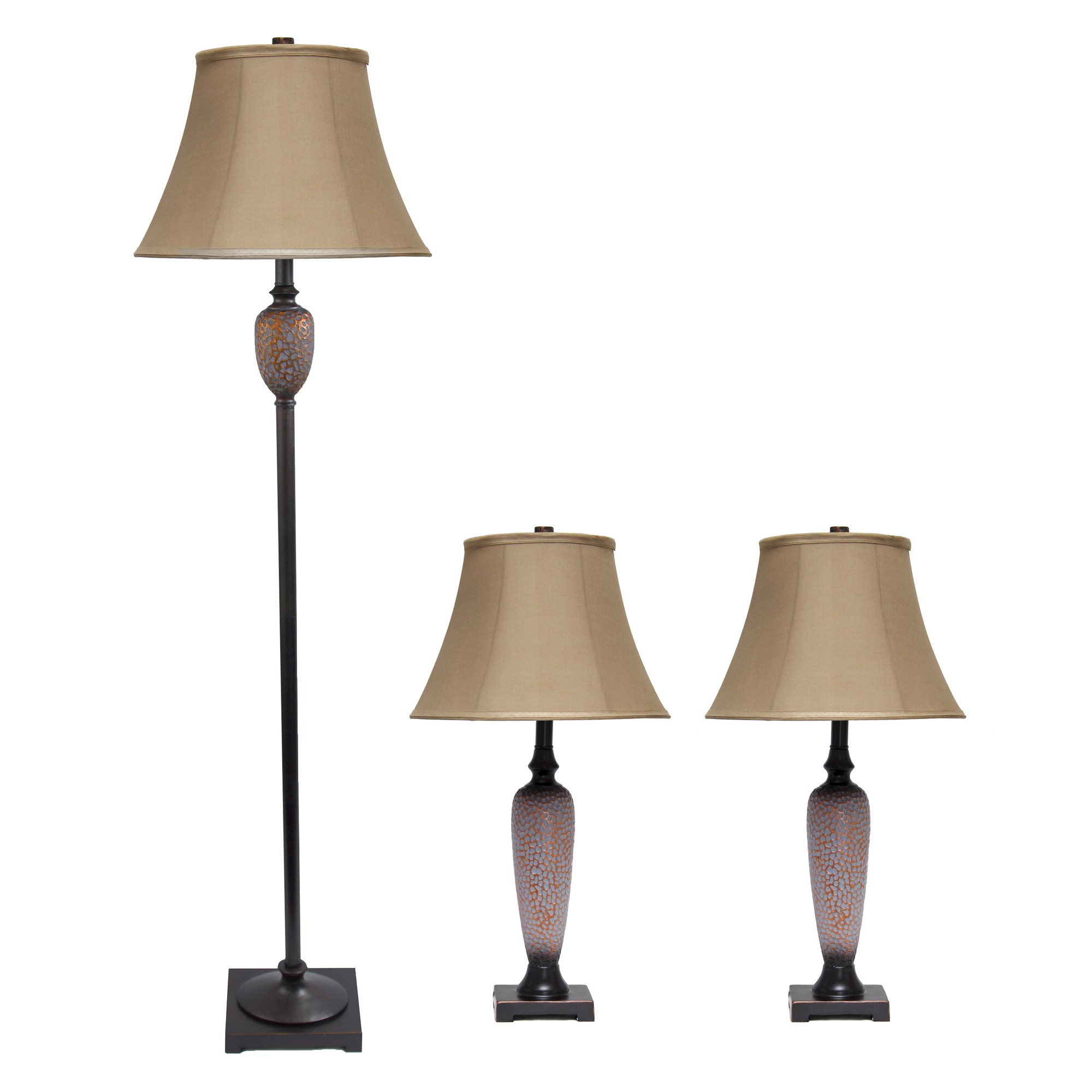 Lalia Home 3 Piece Metal Lamp Set (2 Table Lamps, 1 Floor Lamp) Light Brown Empire Fabric Shades and Hammered Bronze Finish