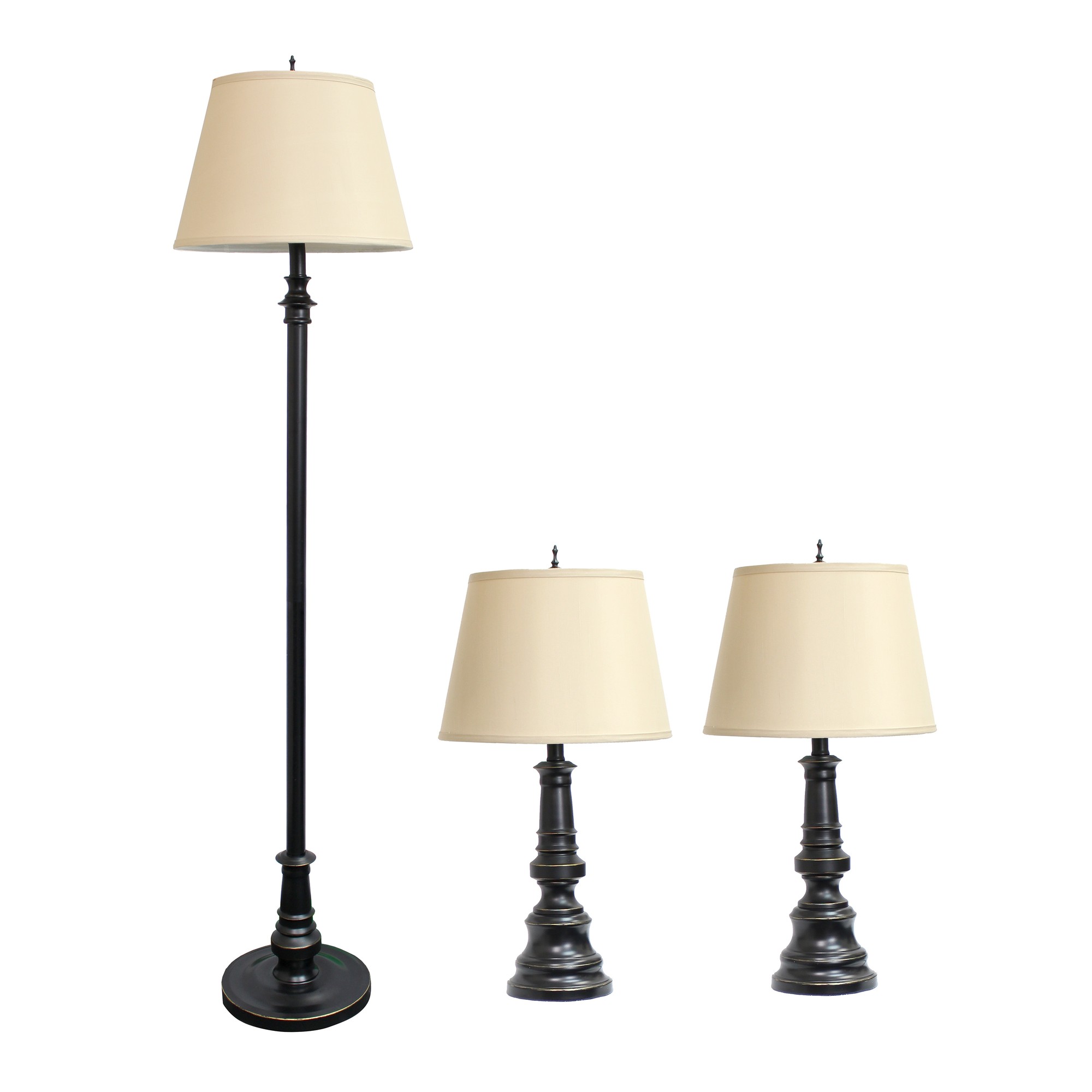 Lalia Home 3 Piece Metal Lamp Set (2 Table Lamps, 1 Floor Lamp) Tan Tapered Drum Fabric Shades and Restoration Bronze Finish