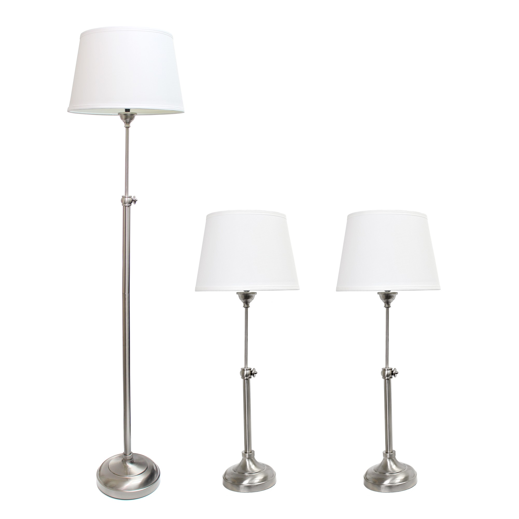 Lalia Home 3 Piece Metal Lamp Set (2 Table Lamps, 1 Floor Lamp) White Tapered Drum Fabric Shades and Brushed Nickel Finish