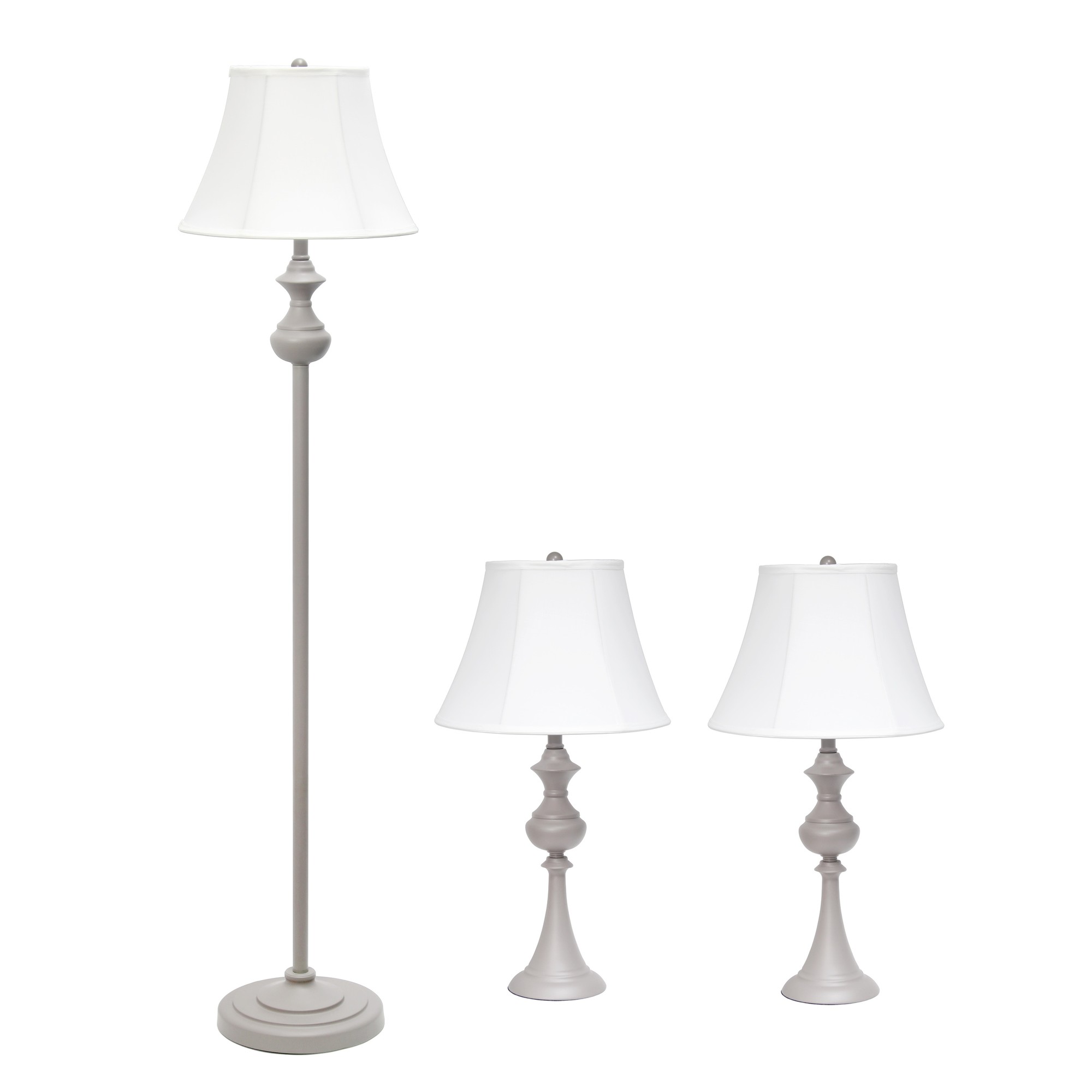 Lalia Home 3 Piece Metal Lamp Set (2 Table Lamps, 1 Floor Lamp) White Empire Fabric Shades and Gray Finish