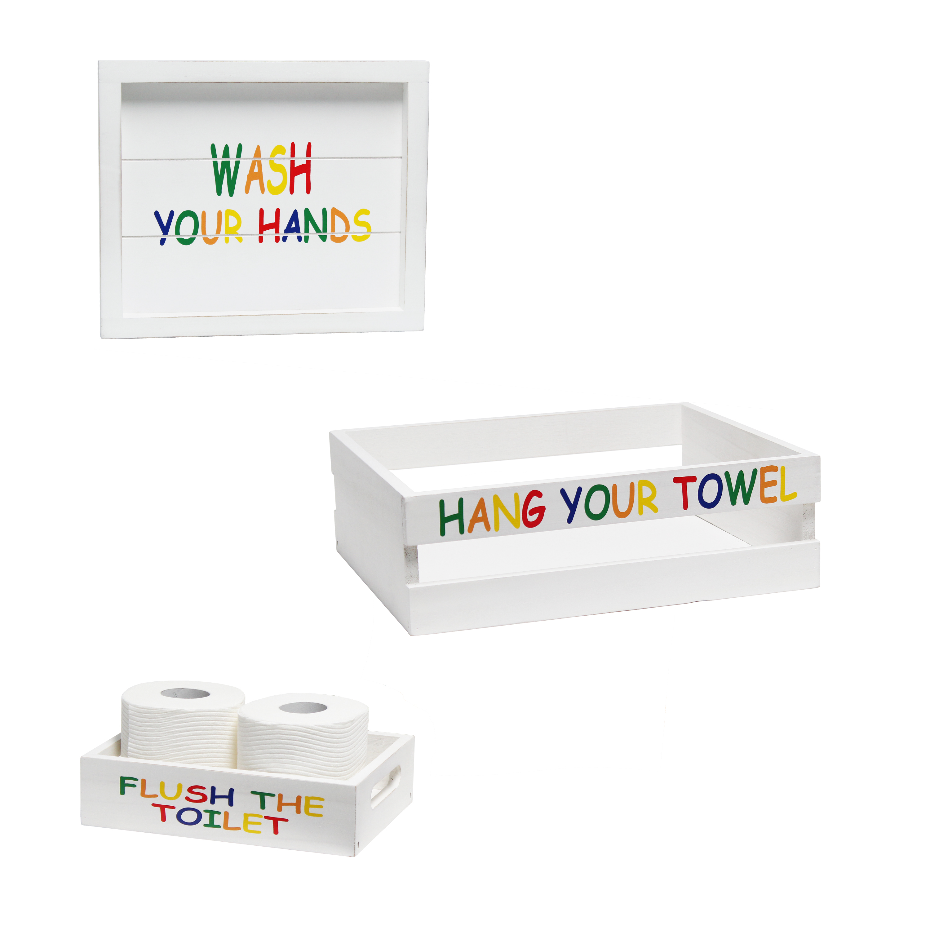 Elegant Designs Three Piece Decorative Wood Bathroom Set, Small, Kids  (1 Towel Holder, 1 Frame, 1 Toilet Paper Holder)
