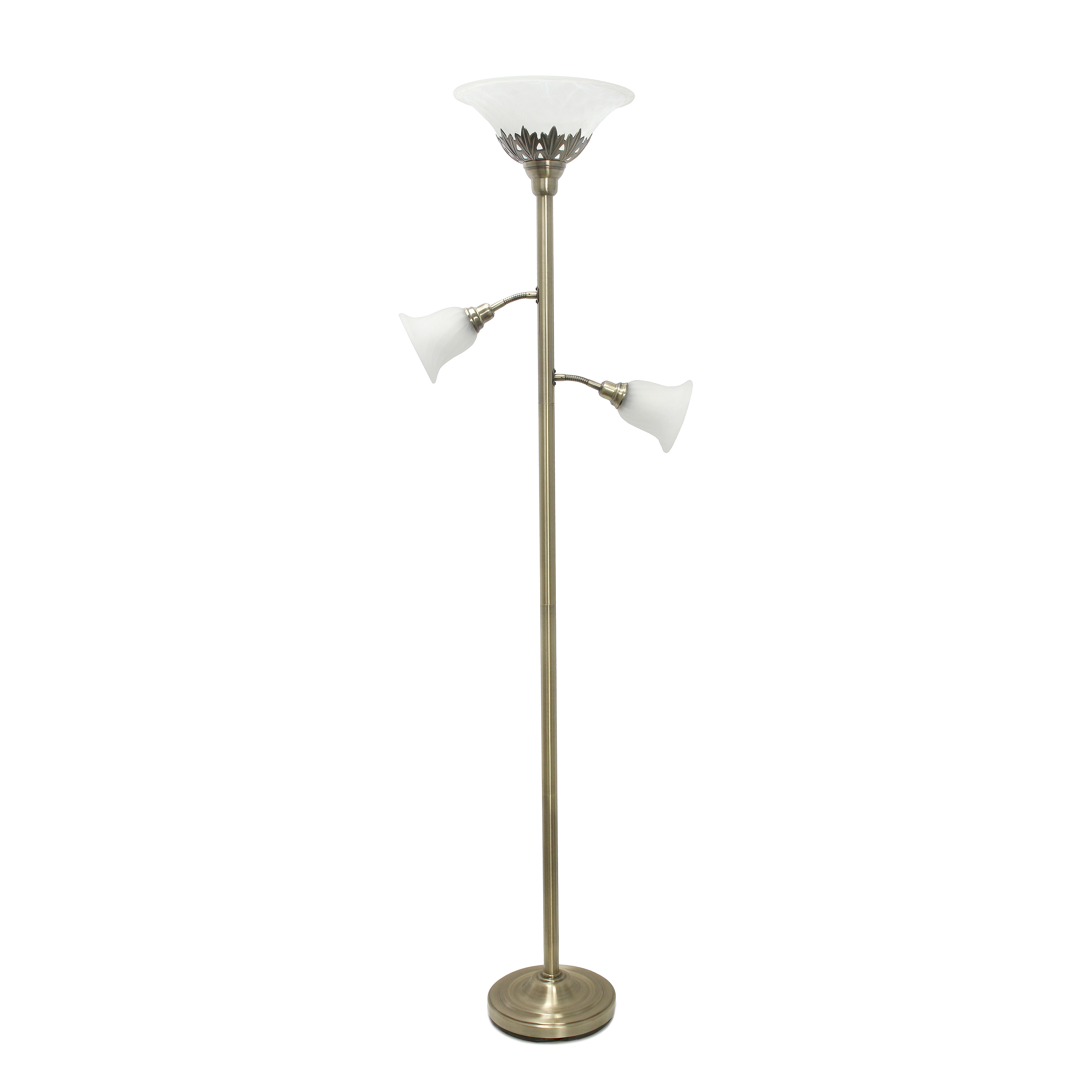 Lalia Home Torchiere Floor Lamp with 2 Reading Lights and Scalloped Glass Shades, Antique Brass